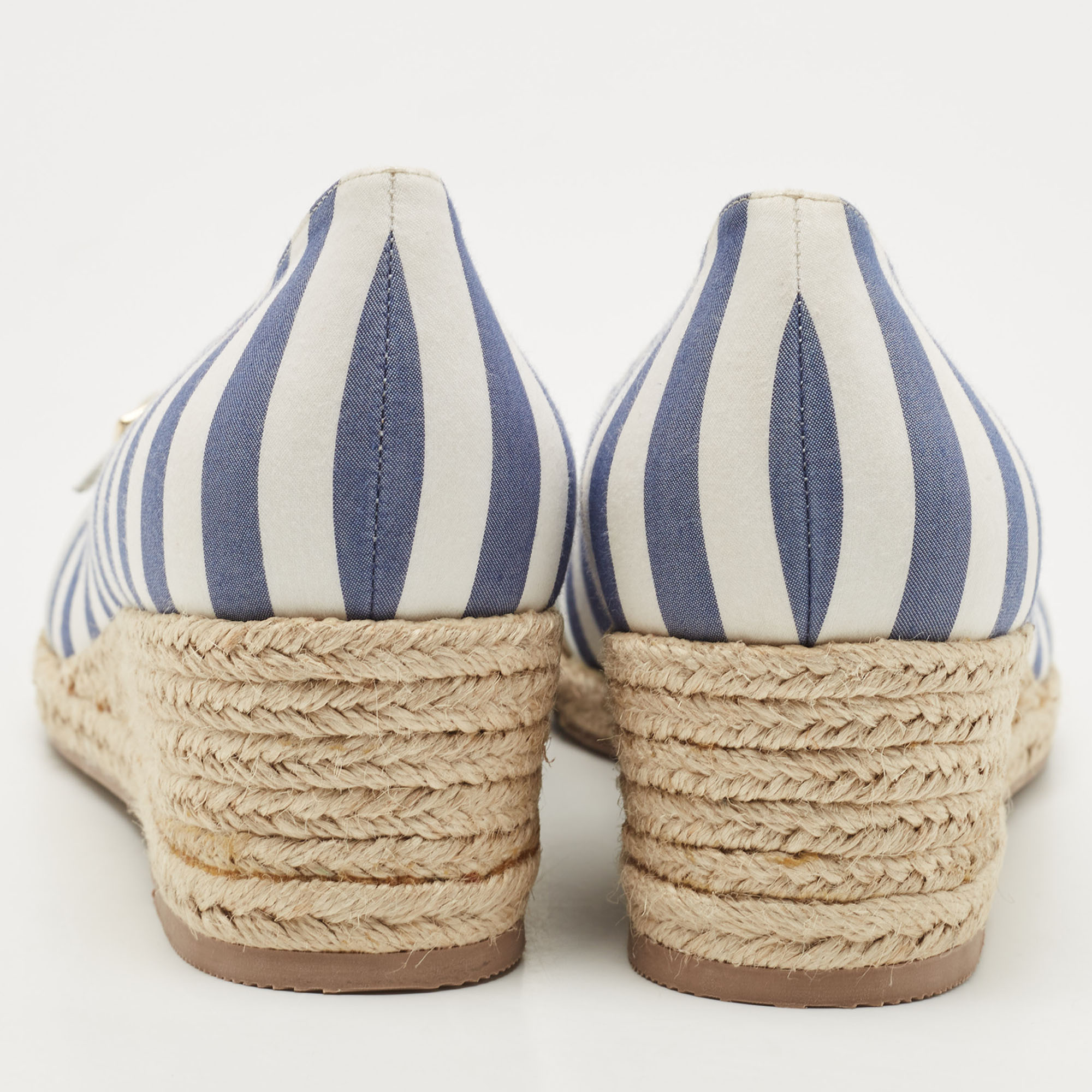 Salvatore Ferragamo Blue/White Striped Fabric Audrey Wedge Espadrille Pumps Size 40.5