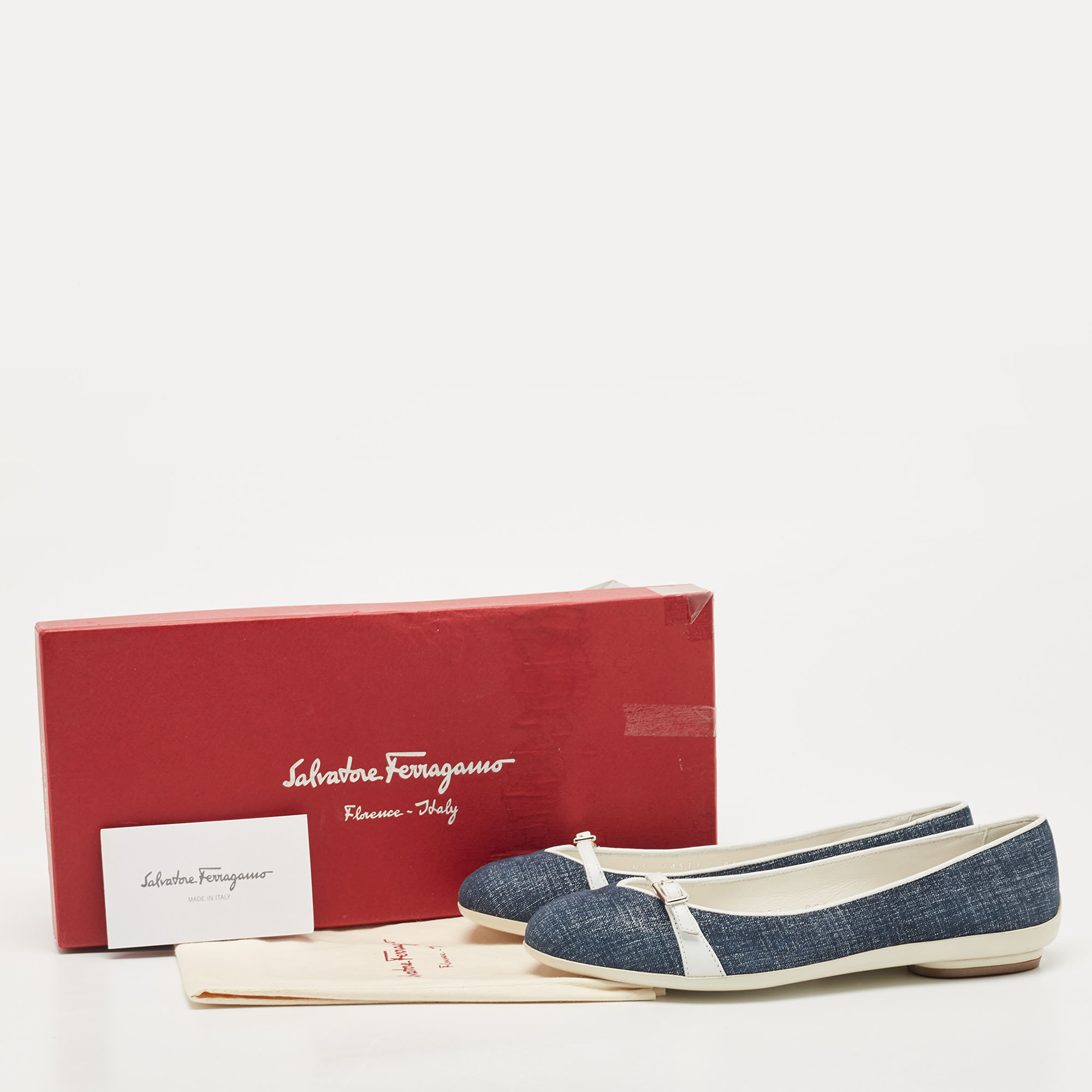 Salvatore Ferragamo Blue Denim And Leather Audrey Ballet Flats Size 35.5