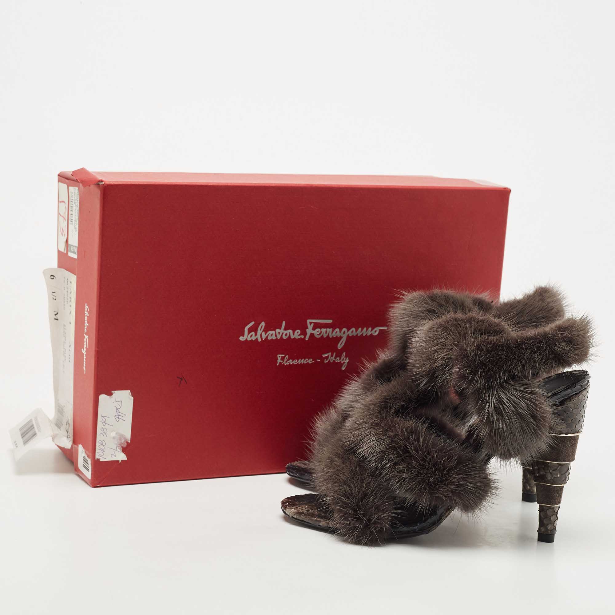 Salvatore Ferragamo Dark Grey Mink Fur And Python Leather Cage  Sandals Size 37