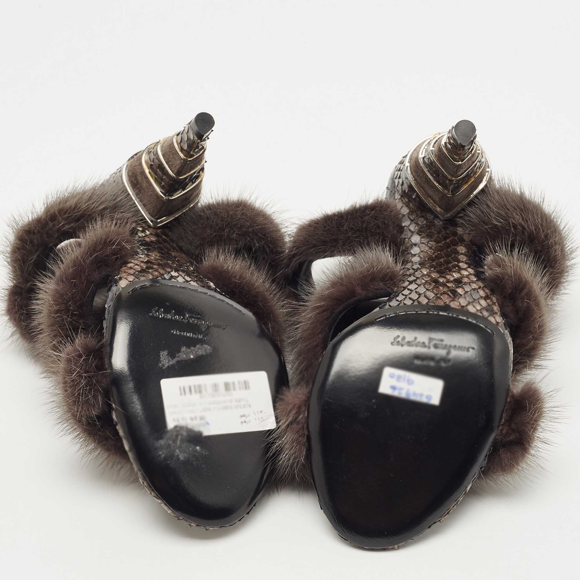 Salvatore Ferragamo Dark Grey Mink Fur And Python Leather Cage  Sandals Size 37