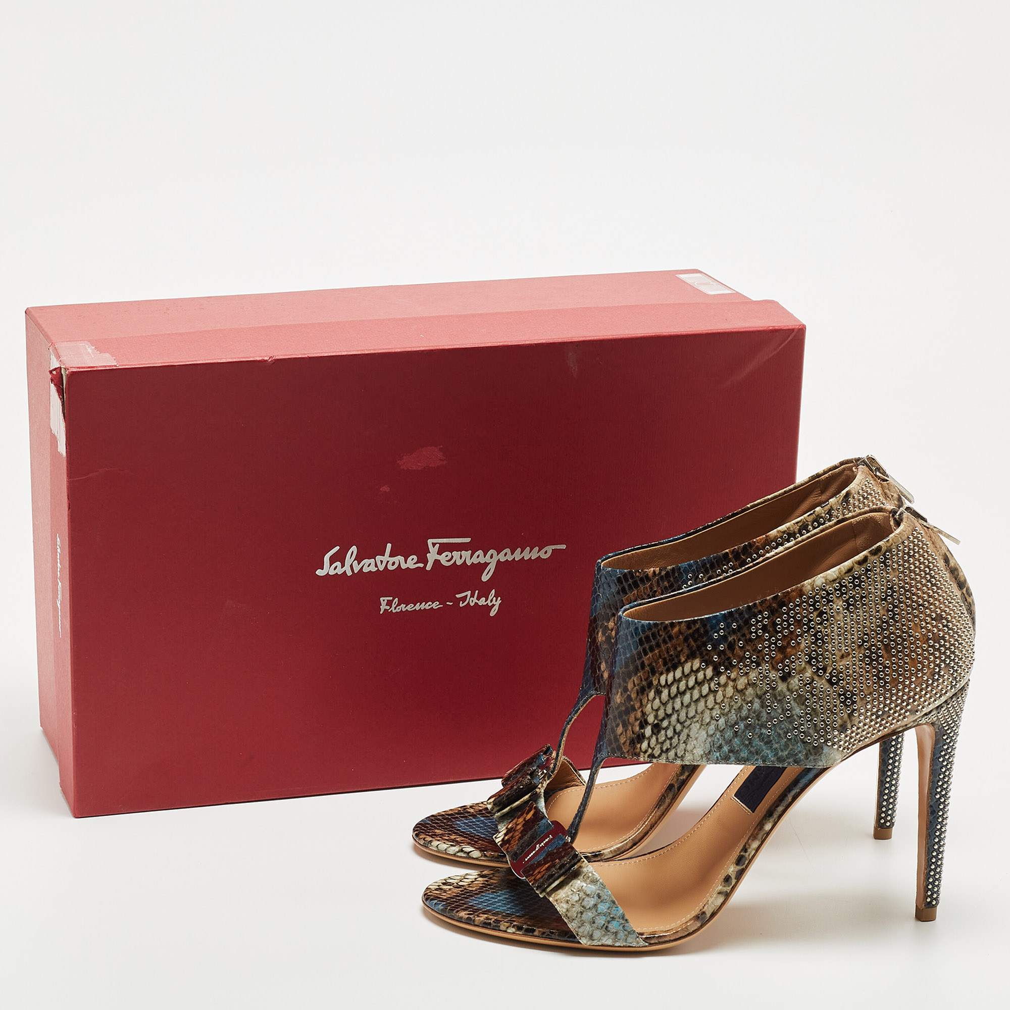 Salvatore Ferragamo Brown/Blue Python Embossed Leather Ankle Strap Sandals Size 40.5