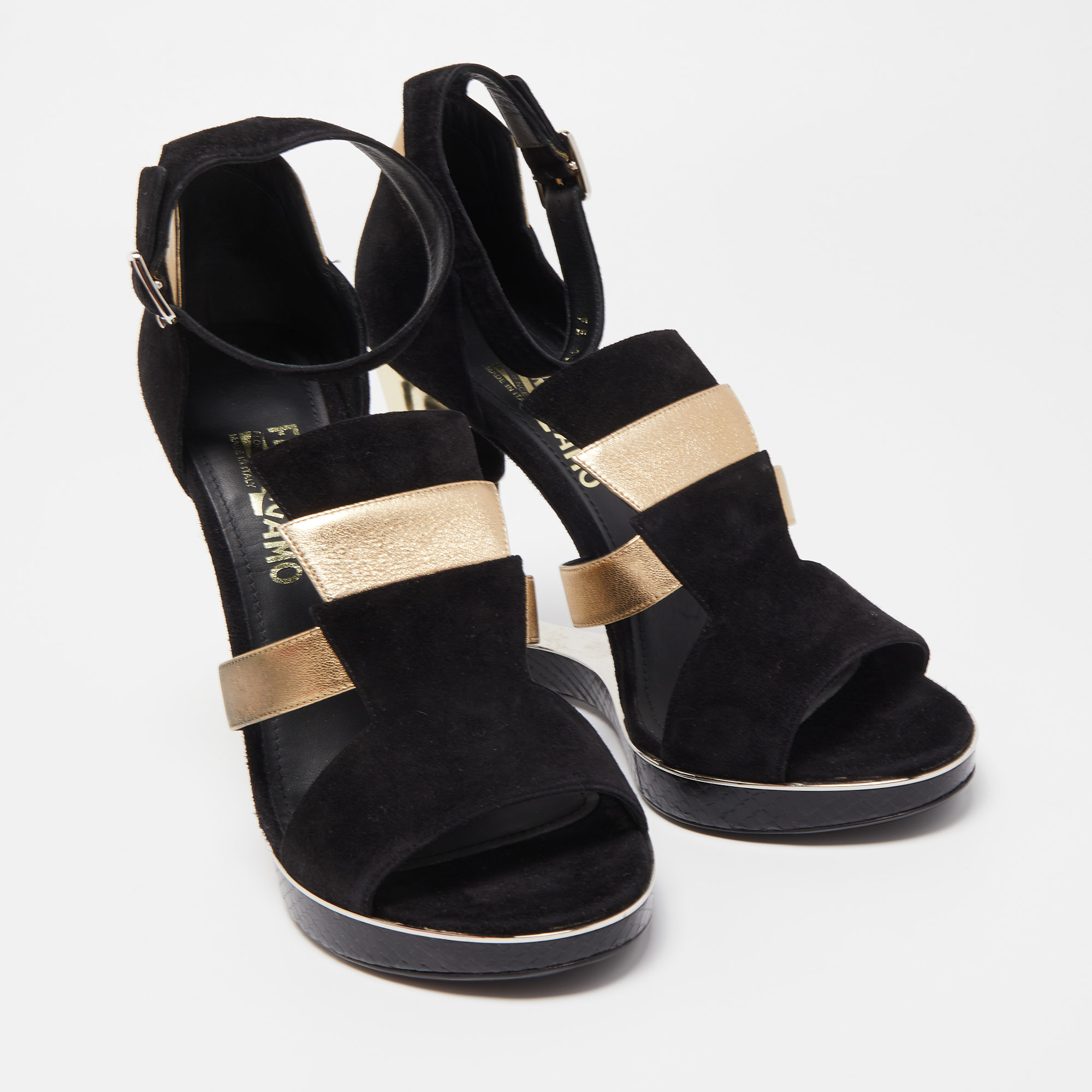 Salvatore Ferragamo Black/Gold Suede And Leather Wedge Sandals Size 39.5
