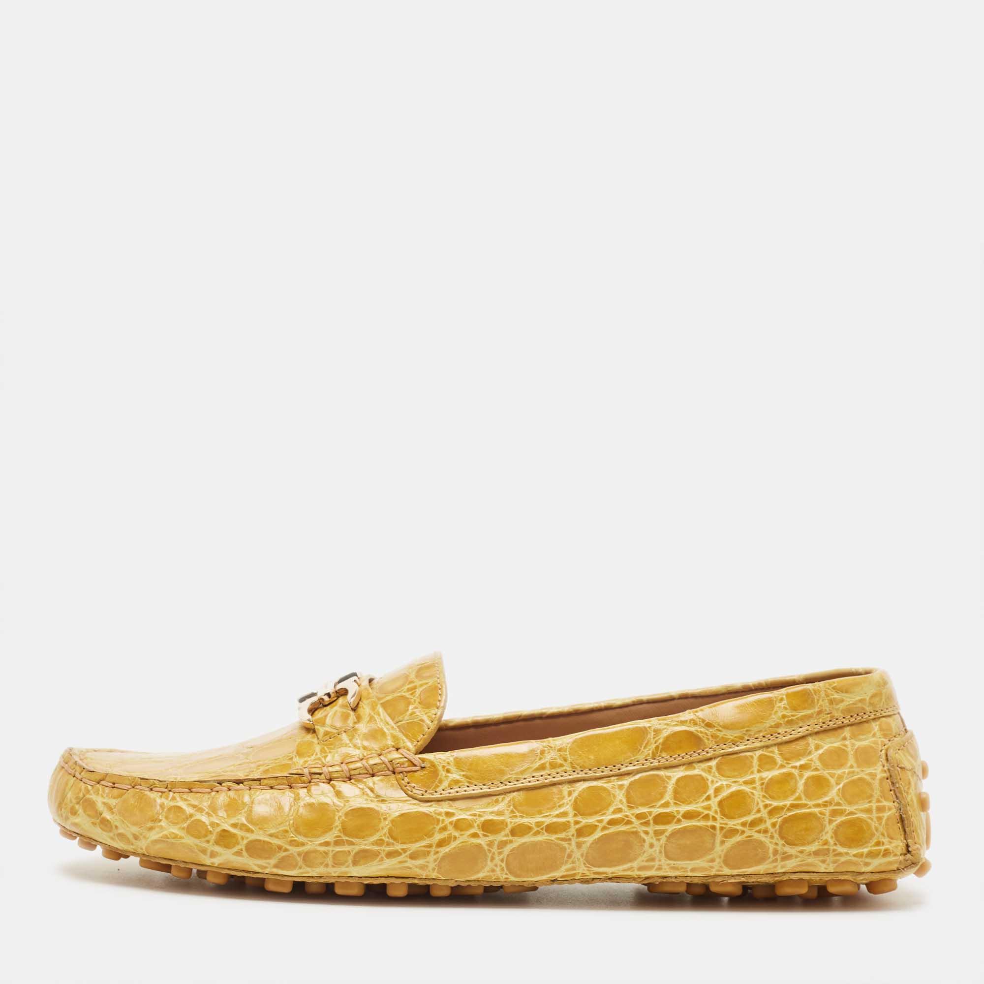 Salvatore ferragamo yellow crocodile vera loafers size 40.5