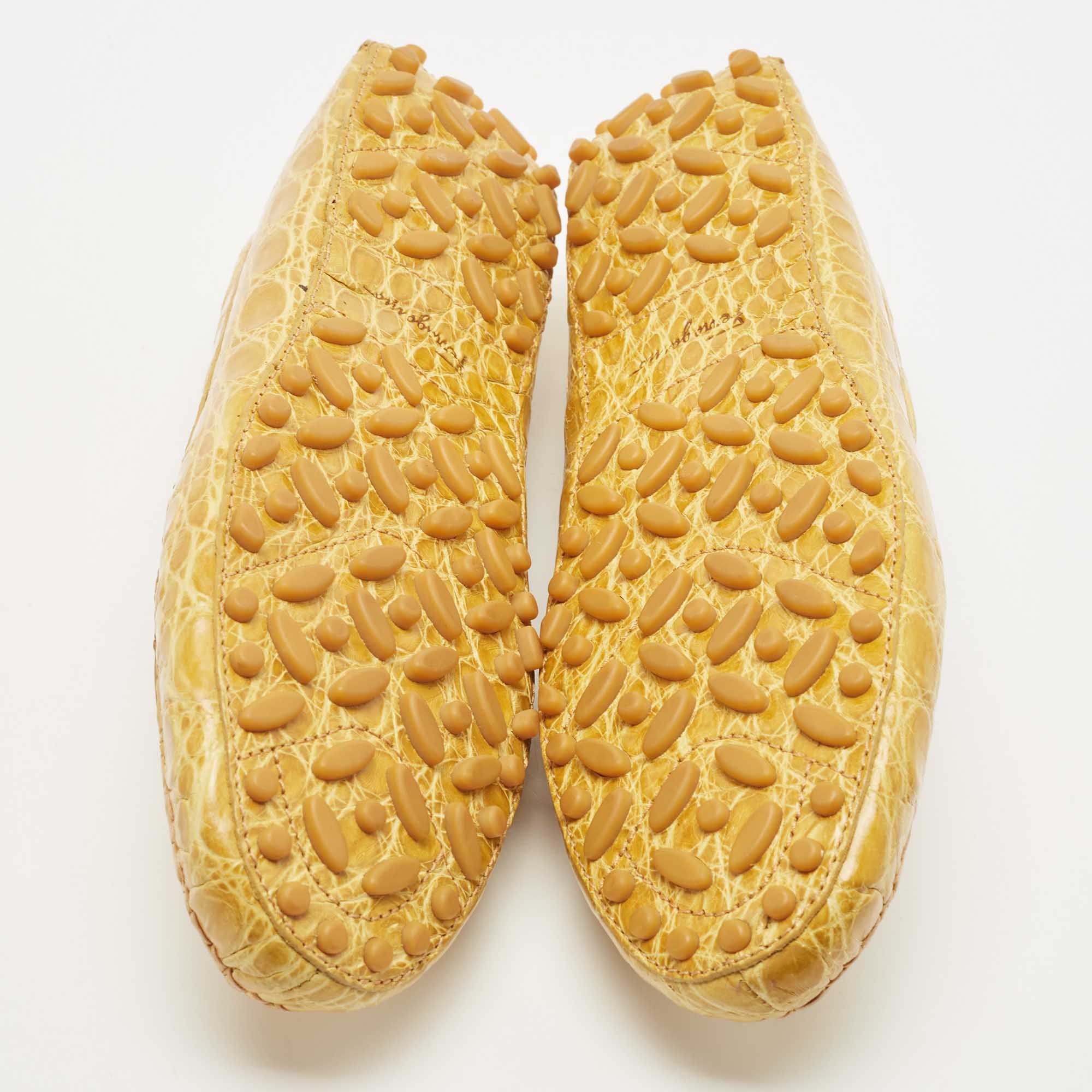 Salvatore Ferragamo Yellow Crocodile Vera Loafers Size 40.5