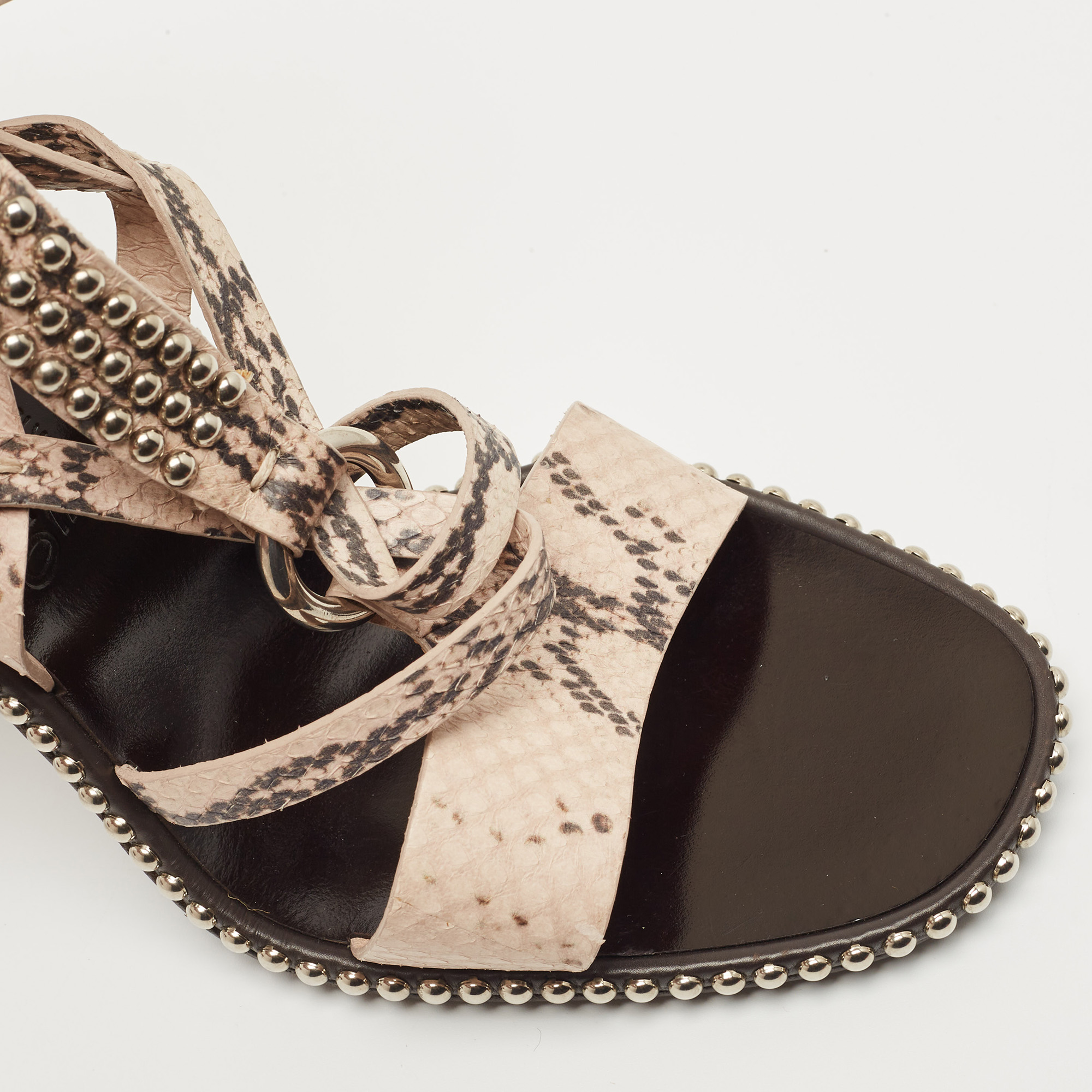 Salvatore Ferragamo Beige Python Leather Studded Ankle Cuff Sandals Size 41