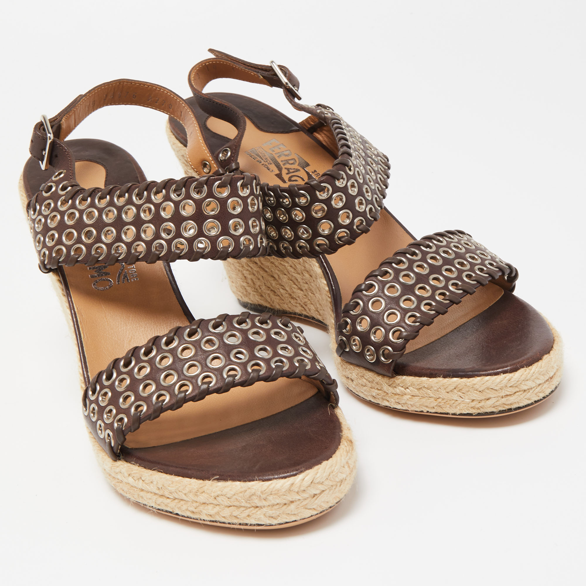 Salvatore Ferragamo Brown Eyelet Embellished Leather Wedge Platform Ankle Strap Sandals Size 40.5