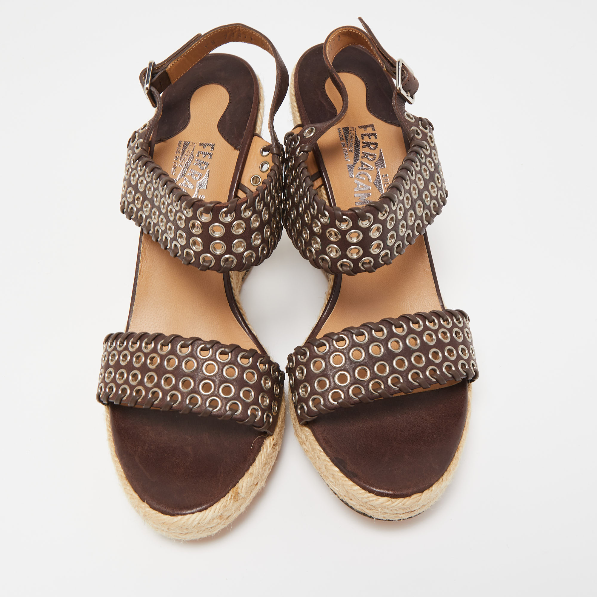 Salvatore Ferragamo Brown Eyelet Embellished Leather Wedge Platform Ankle Strap Sandals Size 40.5