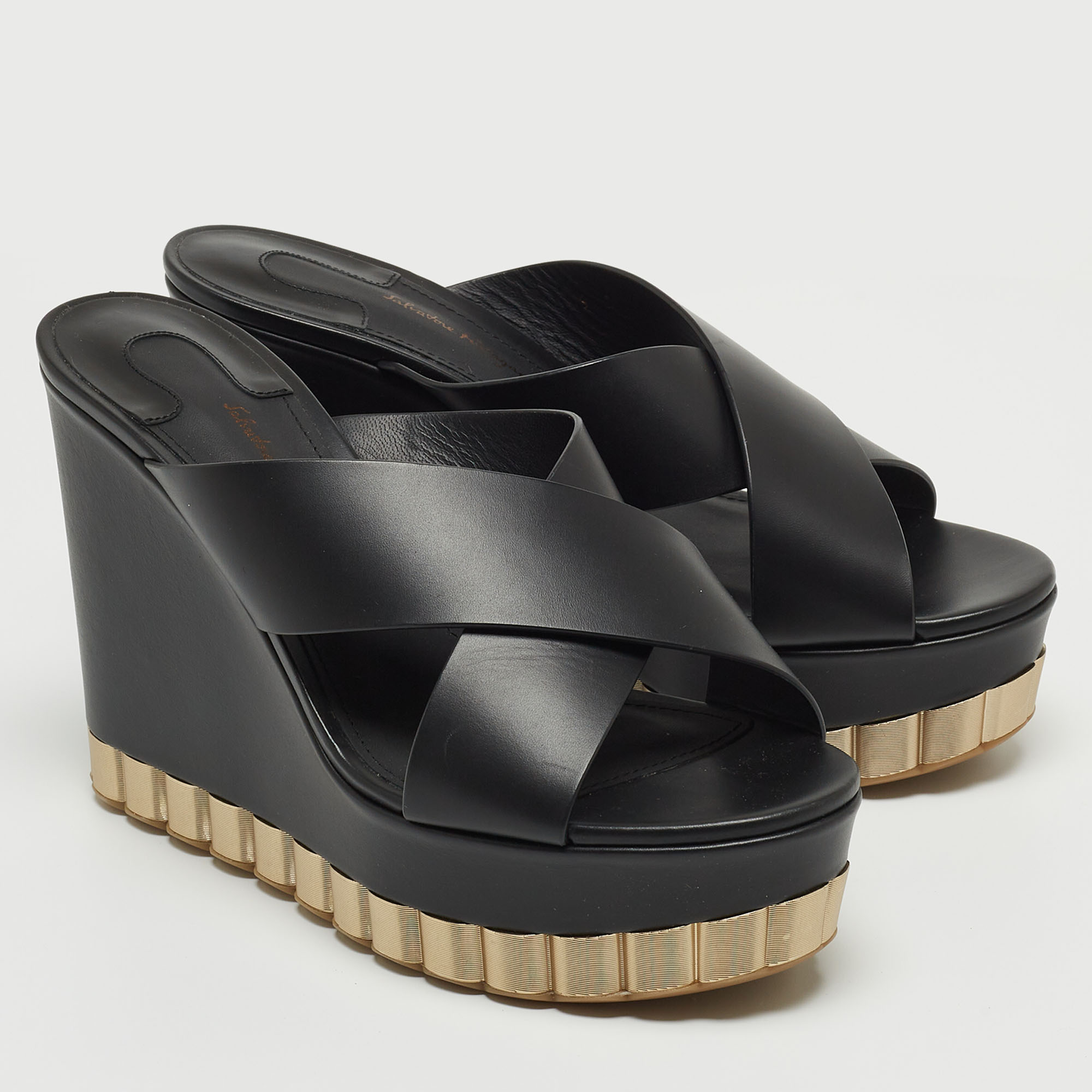 Salvatore Ferragamo Black Leather Nicosia Wedge Sandals Size 39.5