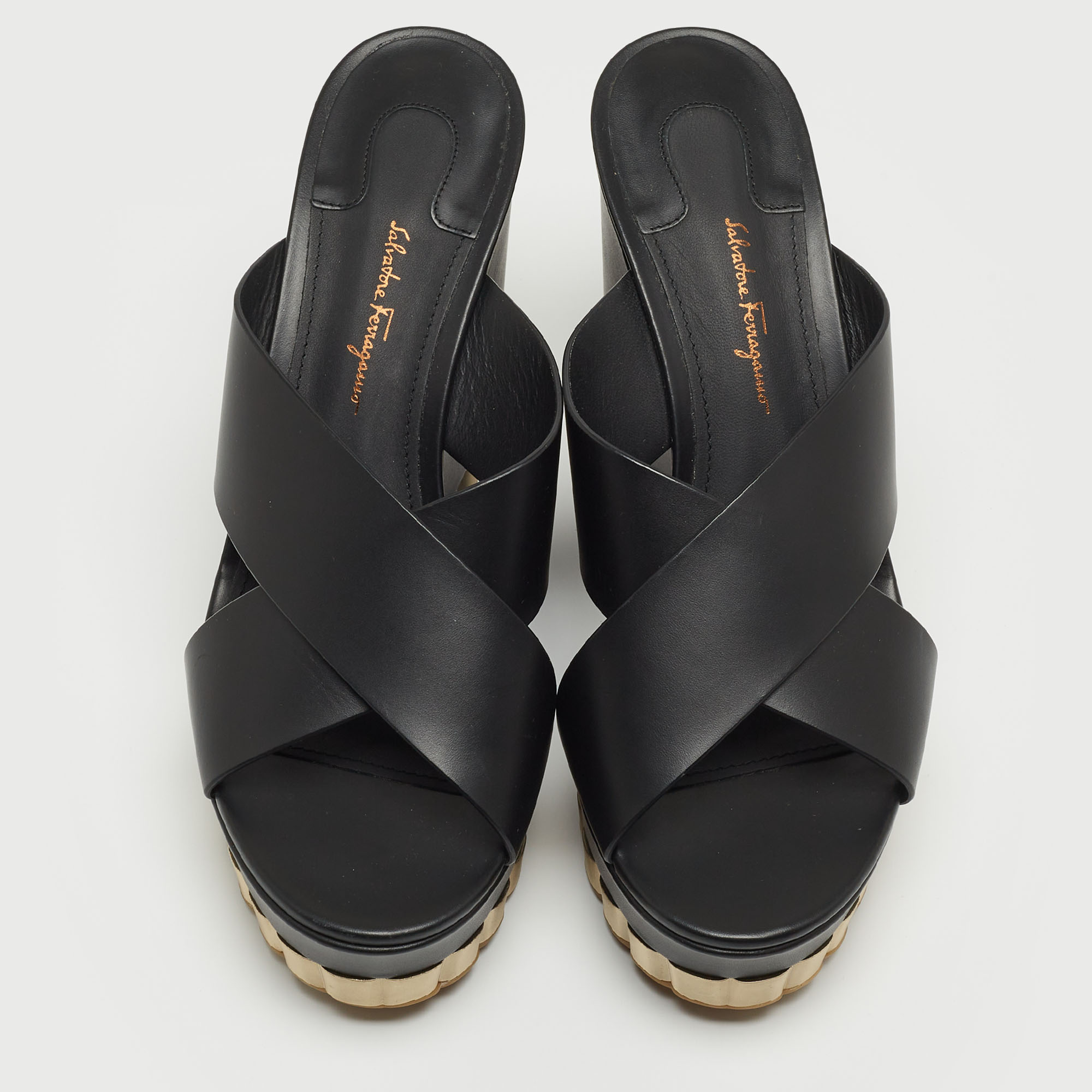 Salvatore Ferragamo Black Leather Nicosia Wedge Sandals Size 39.5