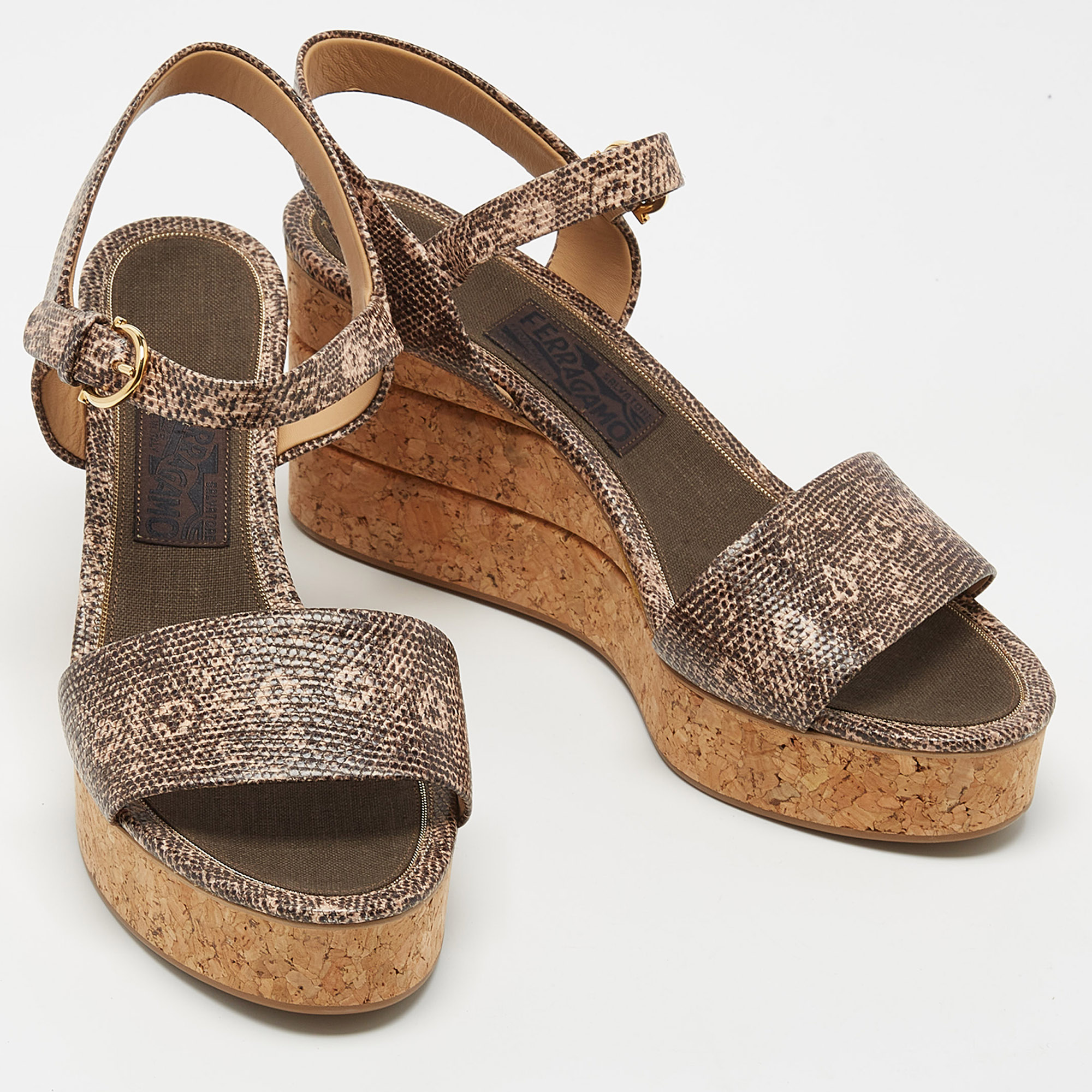 Salvatore Ferragamo Brown/Beige Lizard Embossed Leather Madea Cork Wedge Platform Ankle Strap Sandals Size 40.5