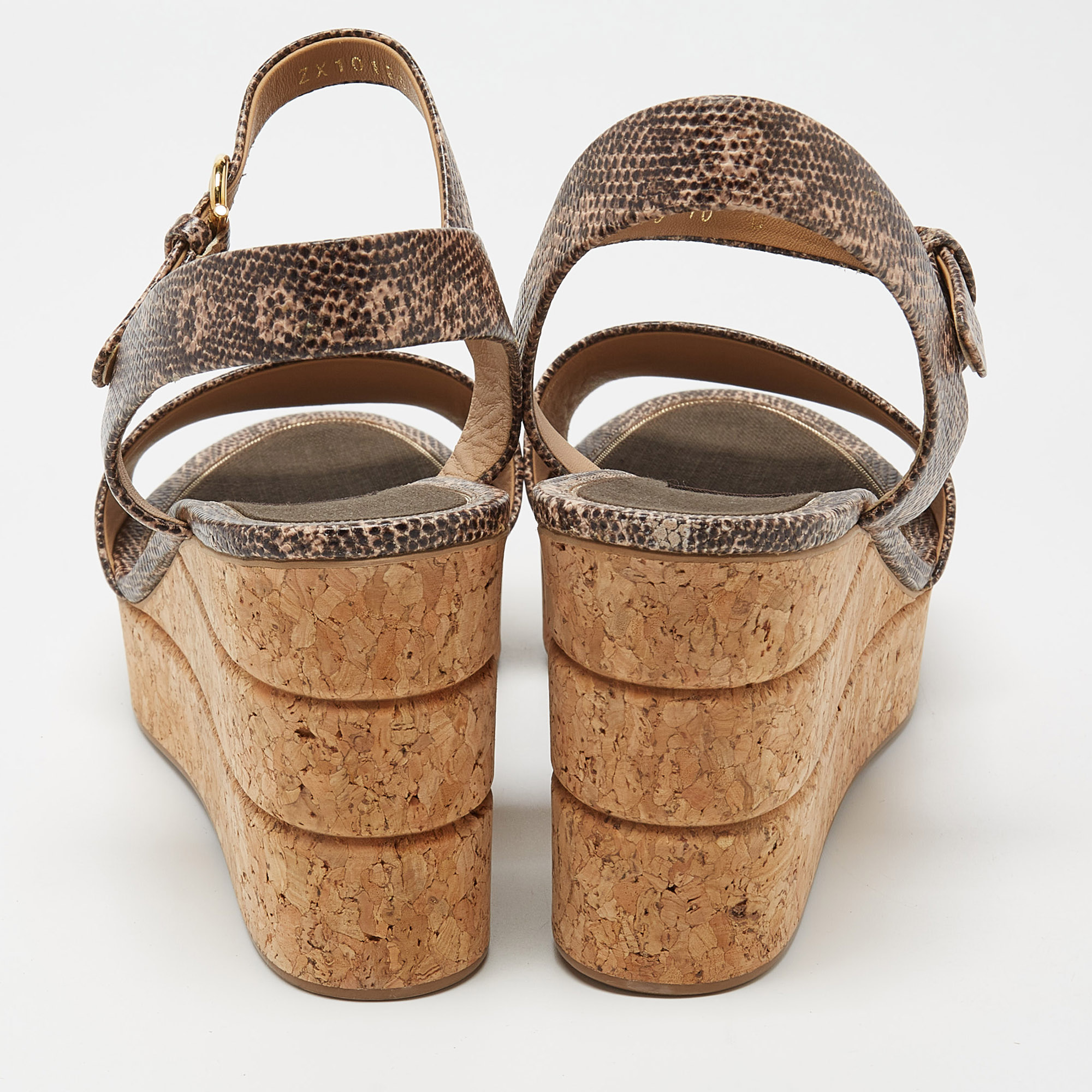 Salvatore Ferragamo Brown/Beige Lizard Embossed Leather Madea Cork Wedge Platform Ankle Strap Sandals Size 40.5