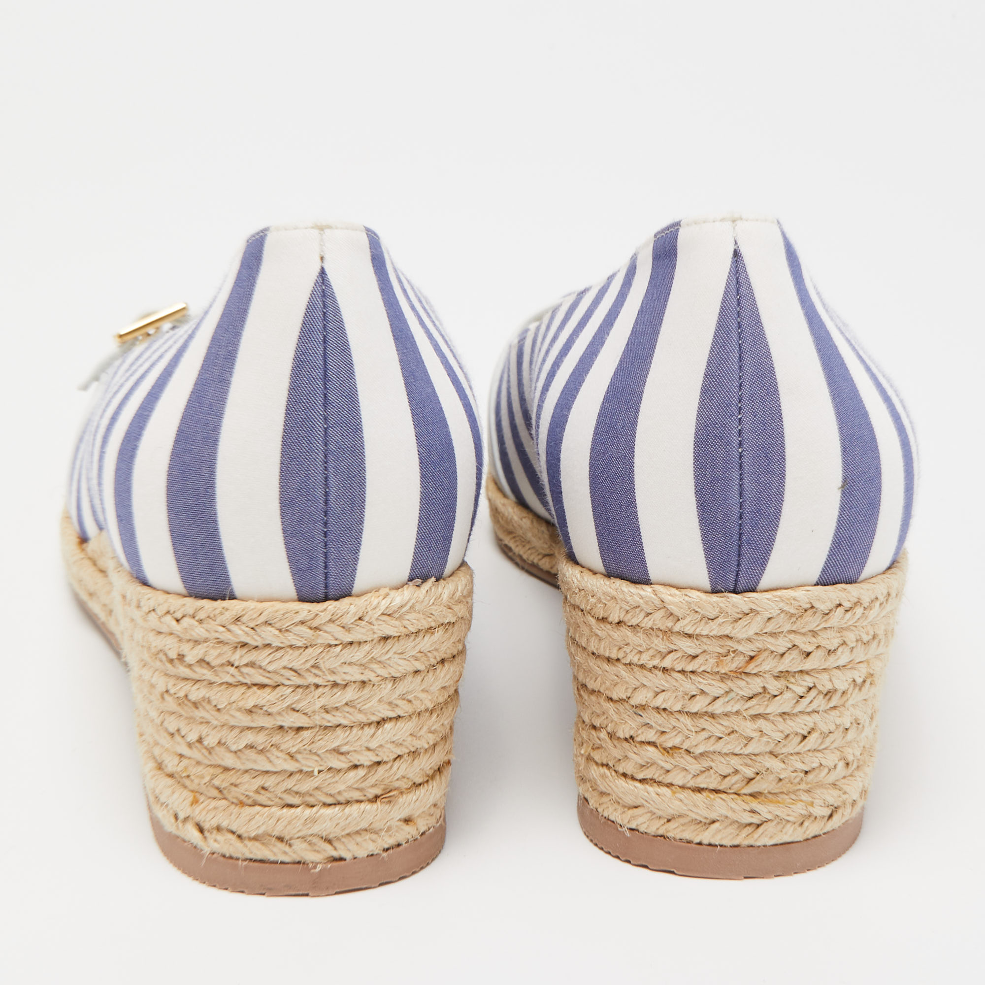 Salvatore Ferragamo Blue/White Striped Fabric Audrey Espadrille Wedge Pumps Size 40