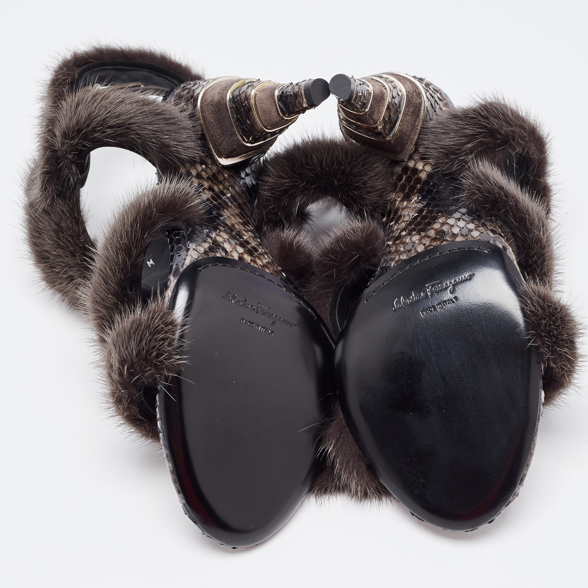 Salvatore Ferragamo Brown Mink Fur And Python Leather Cage Sandals Size 39