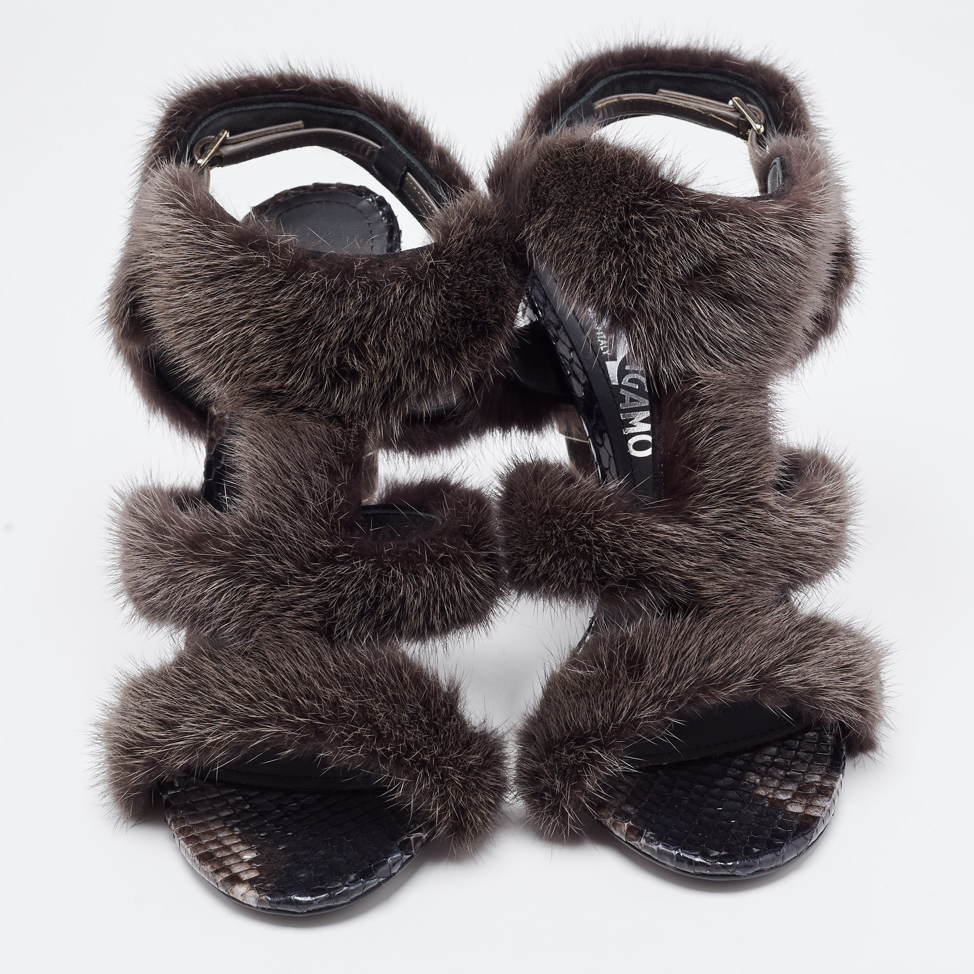 Salvatore Ferragamo Brown Mink Fur And Python Leather Cage Sandals Size 39