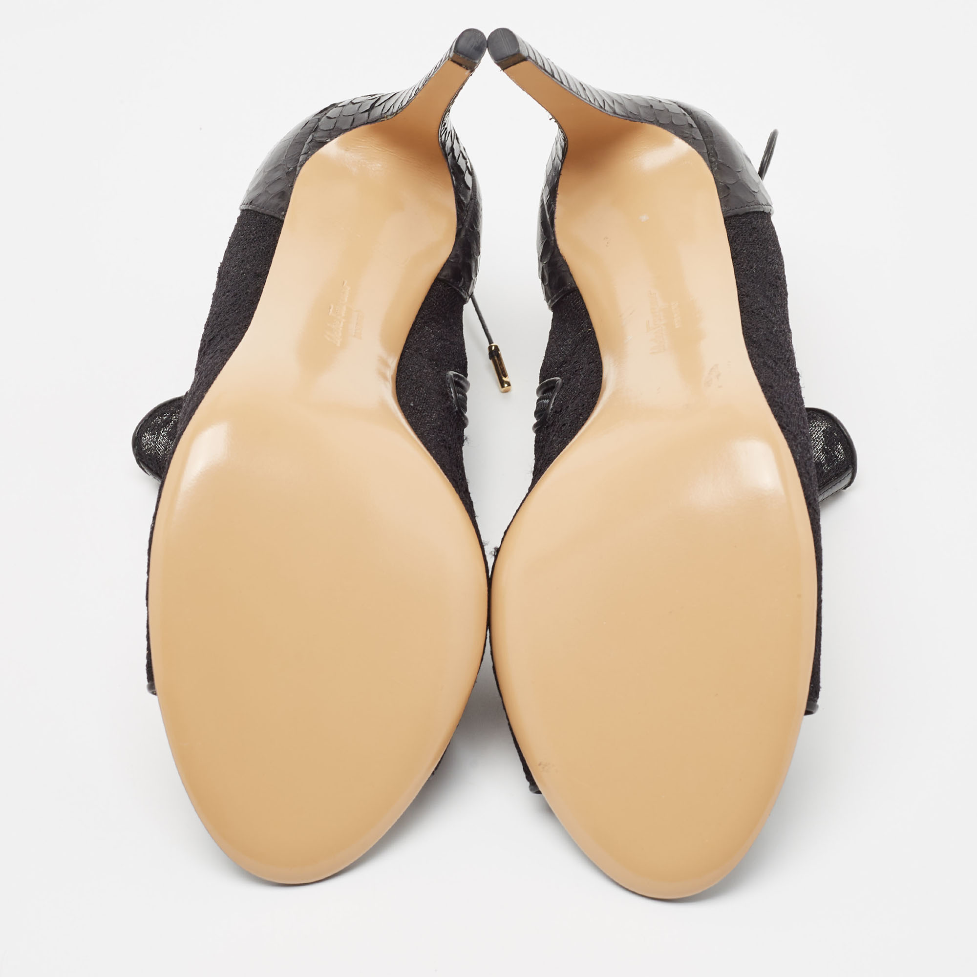 Salvatore Ferragamo Black Lace And Python Peep Toe Ankle Boots Size 39.5
