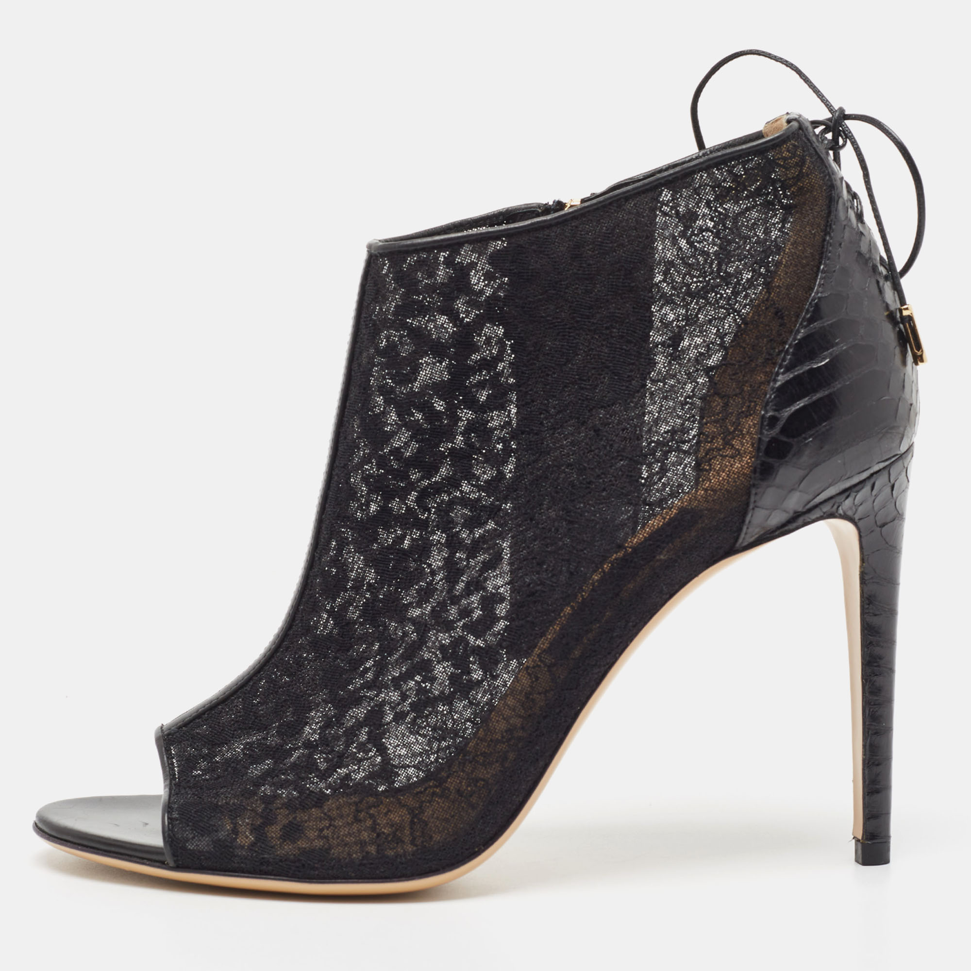 Salvatore Ferragamo Black Lace And Python Peep Toe Ankle Boots Size 39.5