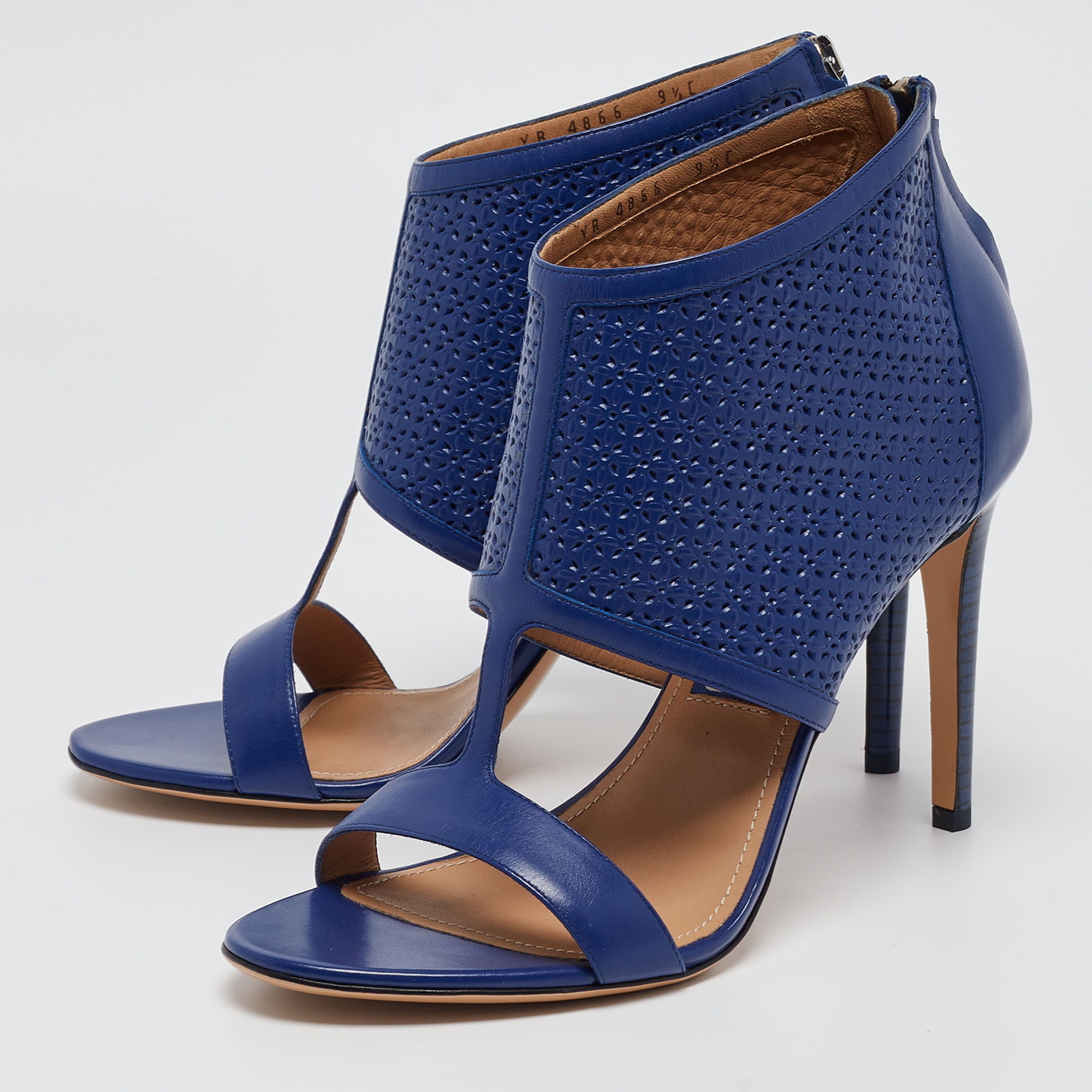 Salvatore Ferragamo Blue Perforated Leather Pacella Open-Toe Booties Size 40