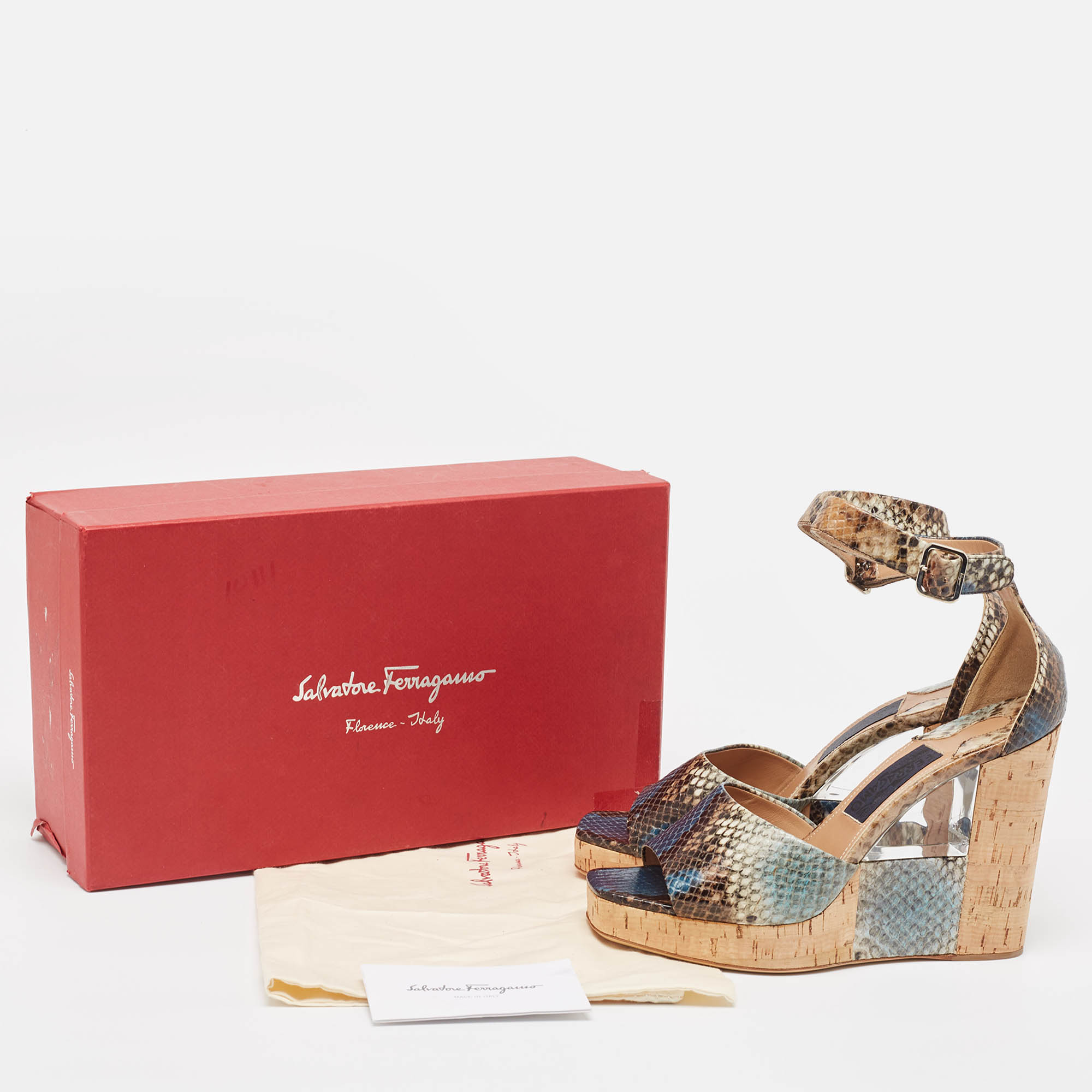 Salvatore Ferragamo Multicolor Python Embossed Ankle Strap Wedge Sandals Size 38