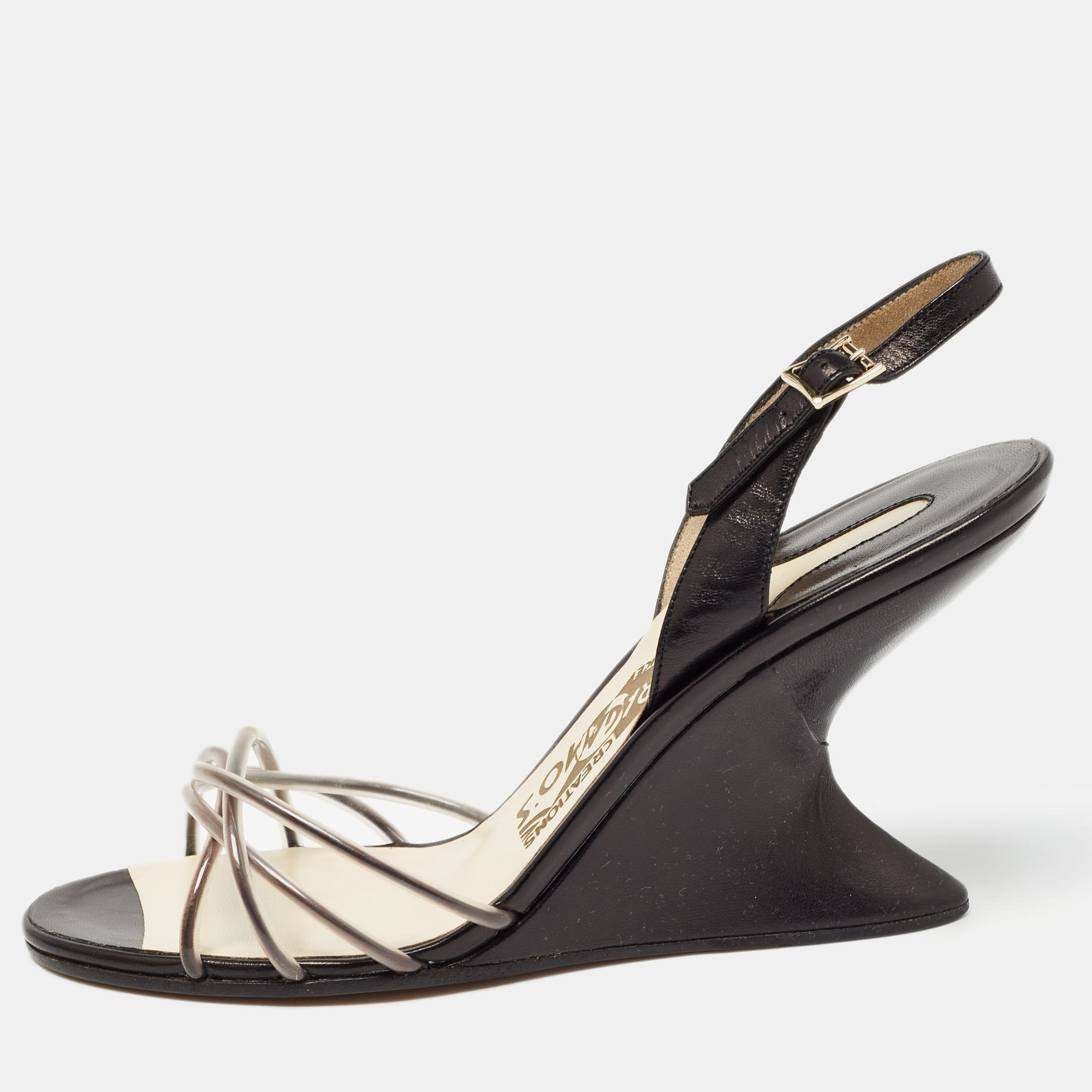 Salvatore ferragamo black/white pvc and leather arsina sandals size 36.5