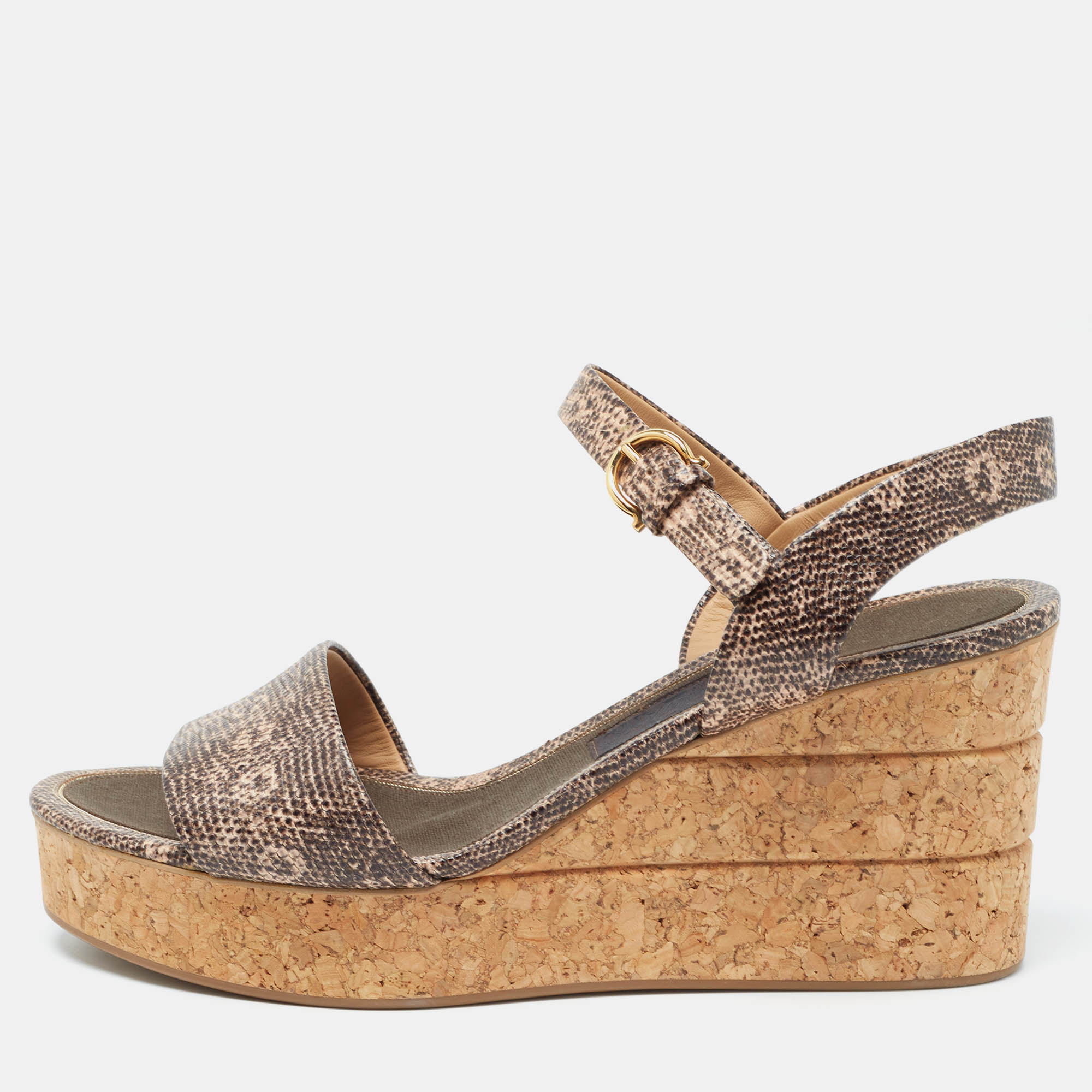 Salvatore ferragamo beige/brown lizard embossed leather madea cork wedge sandals size 40.5