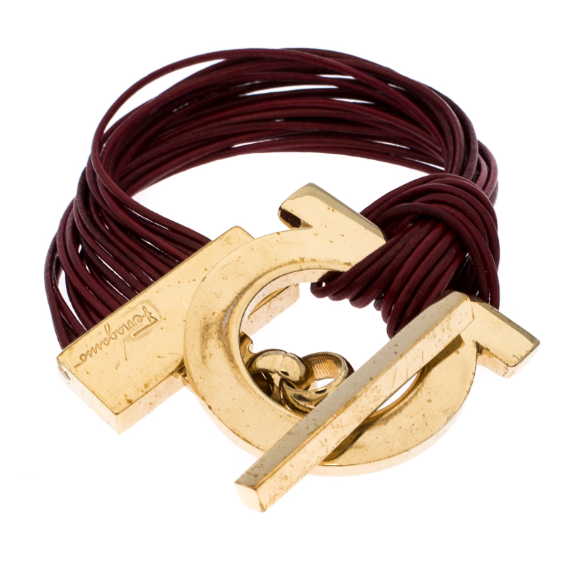 Salvatore Ferragamo Burgundy Gancio Leather Multi Strand Toggle Bracelet