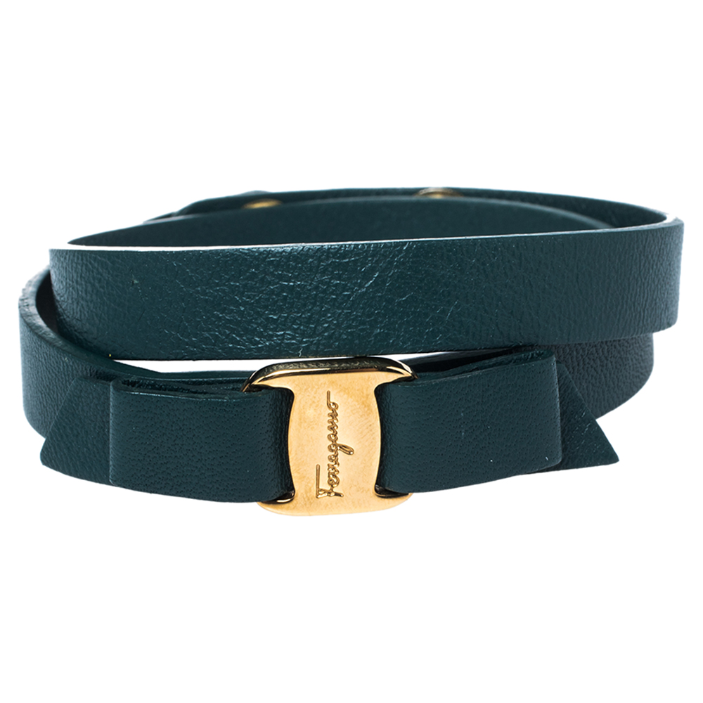 Salvatore Ferragamo Green Leather Gold Tone Vara Bow Bracelet