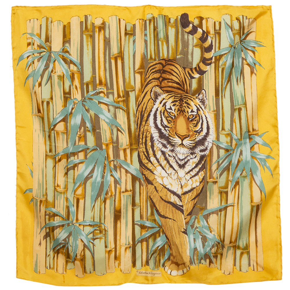 Salvatore Ferragamo Yellow Tiger Bamboo Print Silk Square Scarf