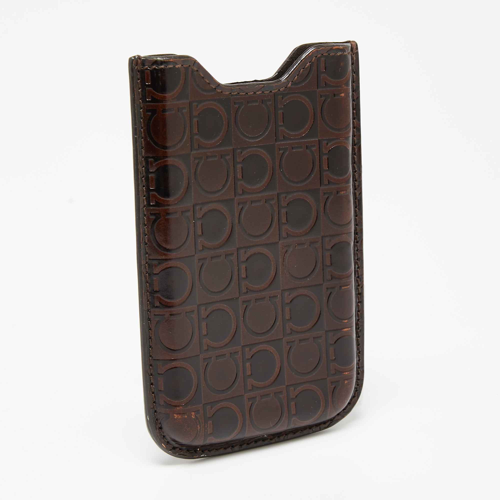 Salvatore Ferragamo Brown Gancio Embossed Glossy Leather Phone Cover