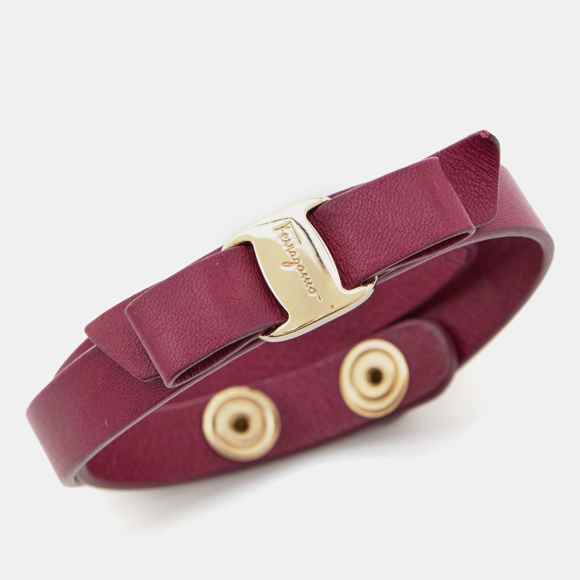 Salvatore Ferragamo Vara Bow Leather Gold Tone Double Wrap Bracelet