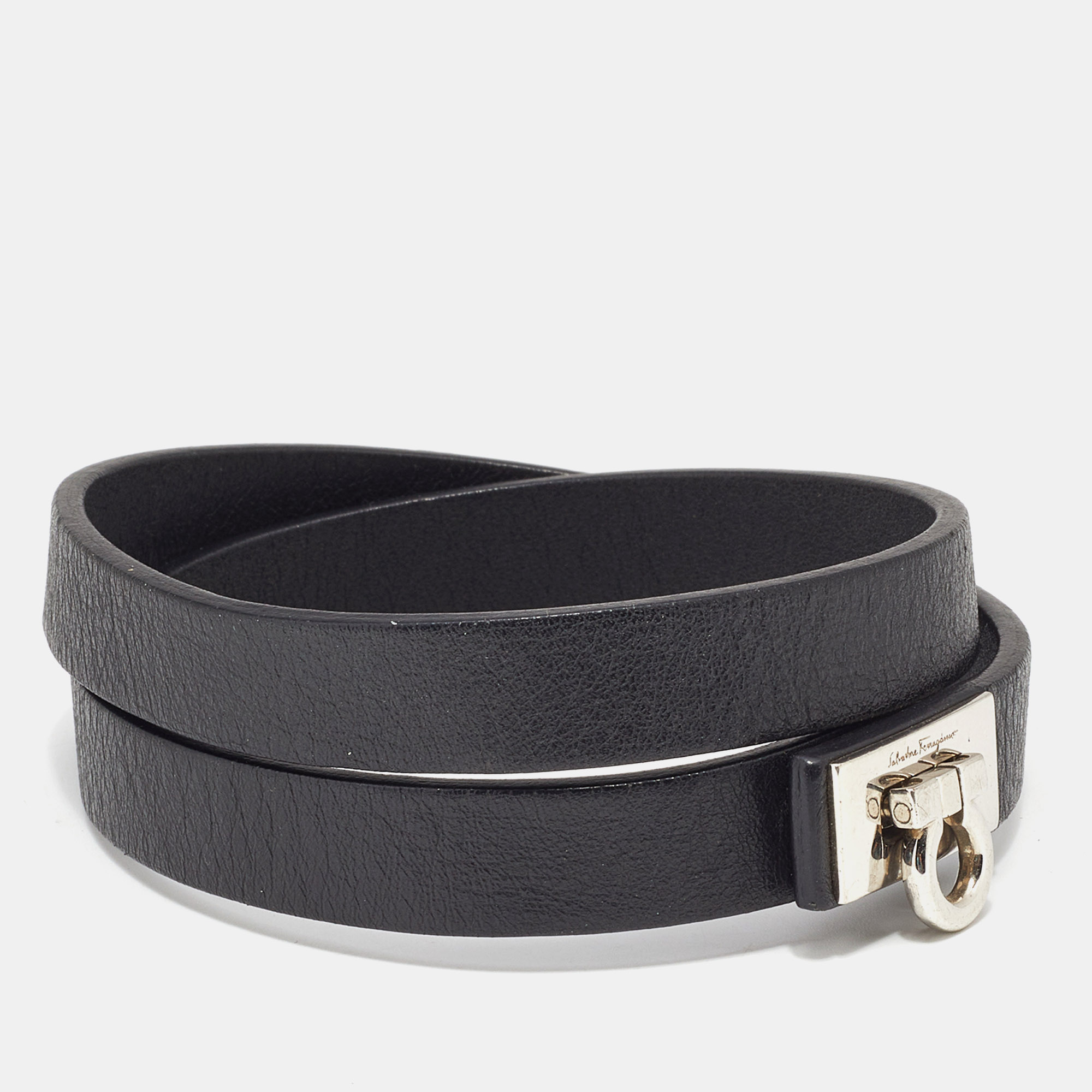 Salvatore Ferragamo Leather Silver Tone Wrap Bracelet