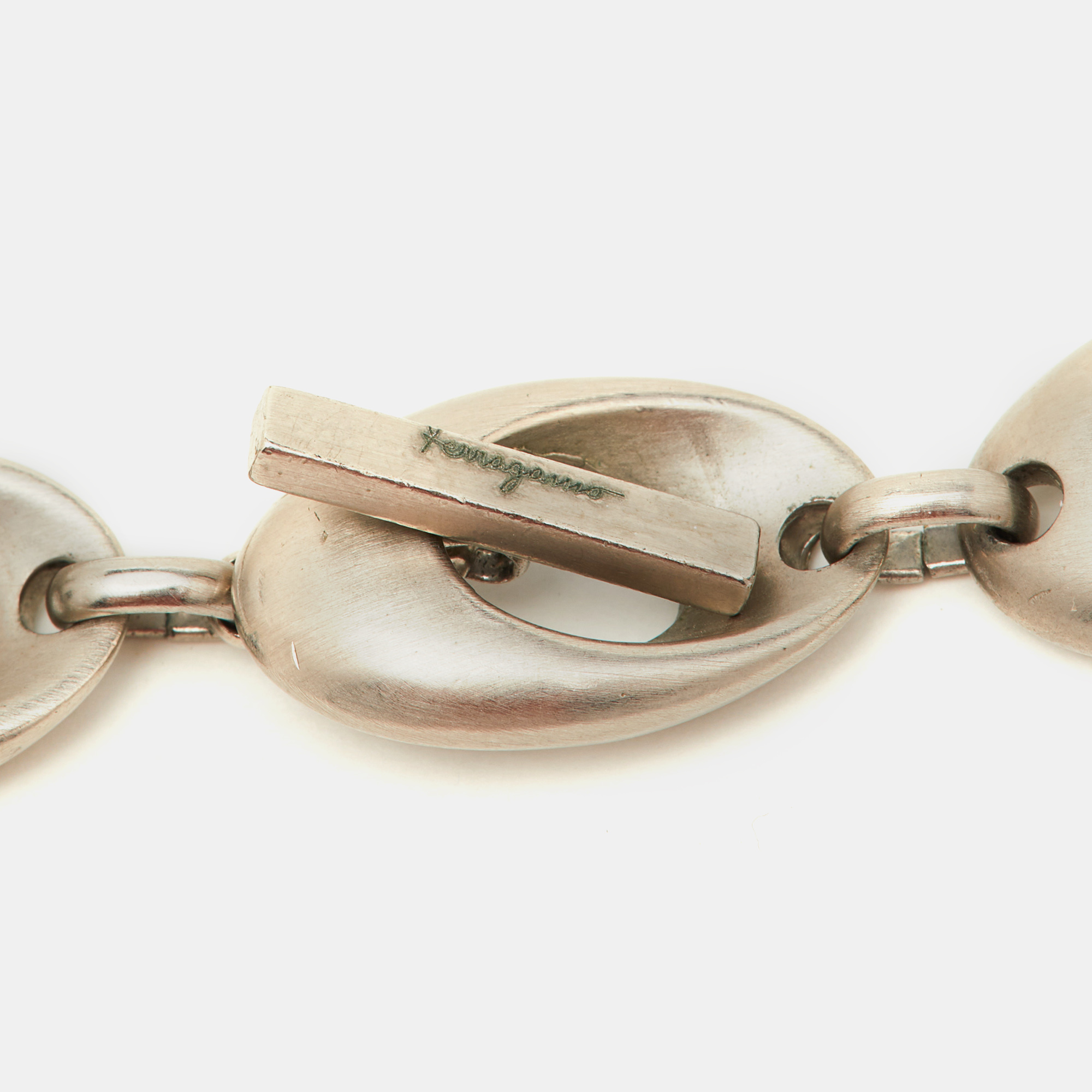 Salvatore Ferragamo Silver Tone Oval Chain Link Toggle Necklace