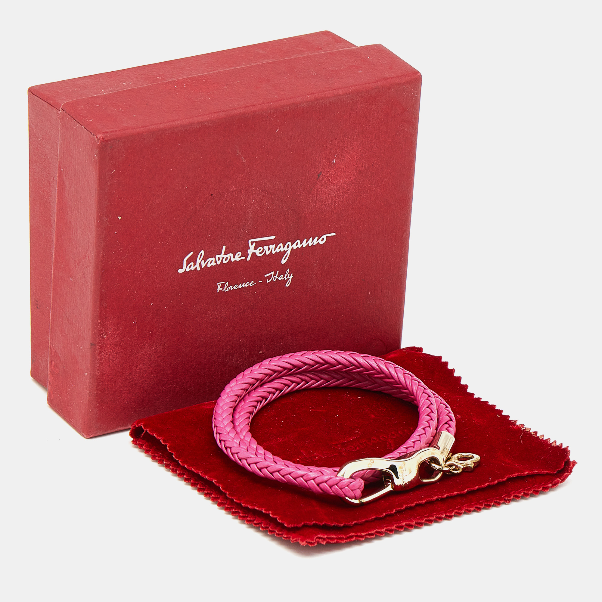 Salvatore Ferragamo Pink Braided Leather Gold Tone Wrap Bracelet