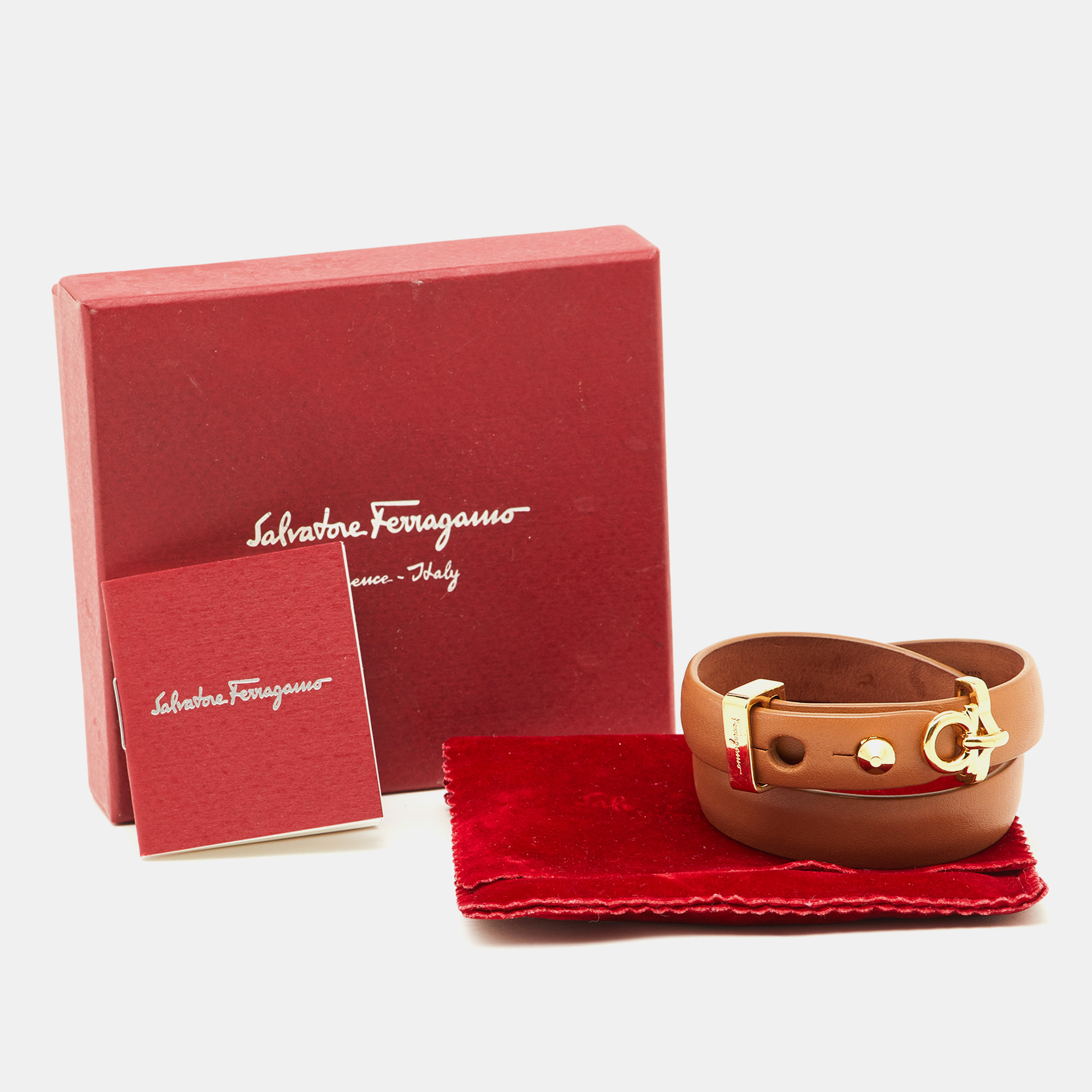 Salvatore Ferragamo Gold Tone Brown Leather Wrap Bracelet