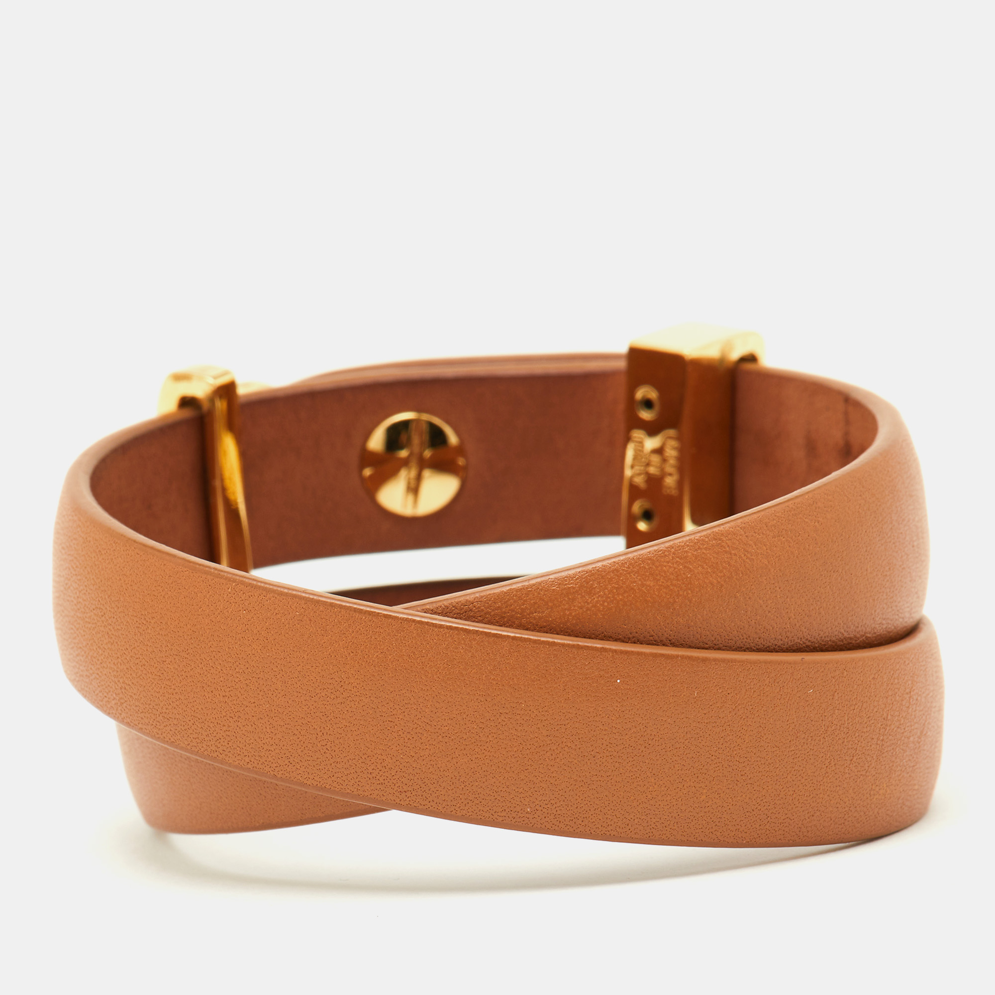 Salvatore Ferragamo Gold Tone Brown Leather Wrap Bracelet