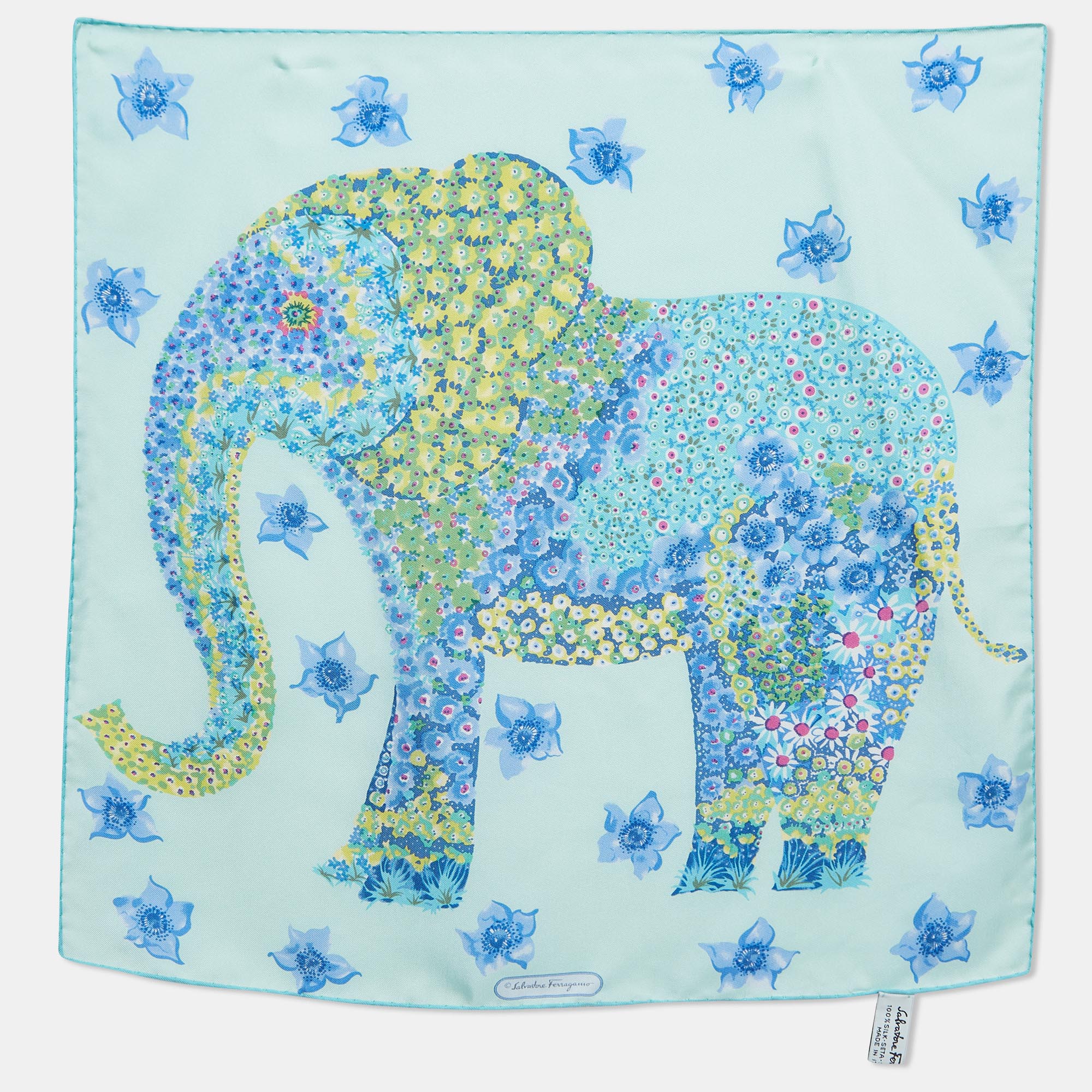 Salvatore ferragamo blue floral elephant print silk square scarf