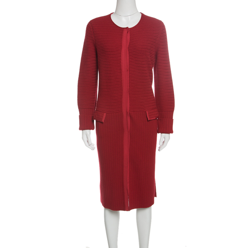 Фото #1: Salvatore Ferragamo Red Wool Chunky Rib Knit Dress Cardigan L