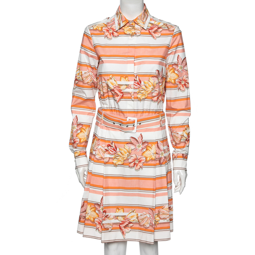 Salvatore ferragamo multicolor printed cotton belted long sleeve shirt dress m