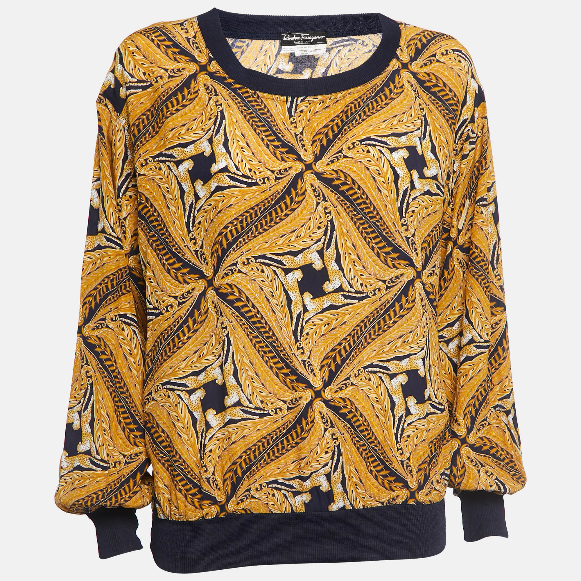 Salvatore Ferragamo Navy Blue/Yellow Abstract Leopard Print Silk Crew Neck Sweatshirt One Size