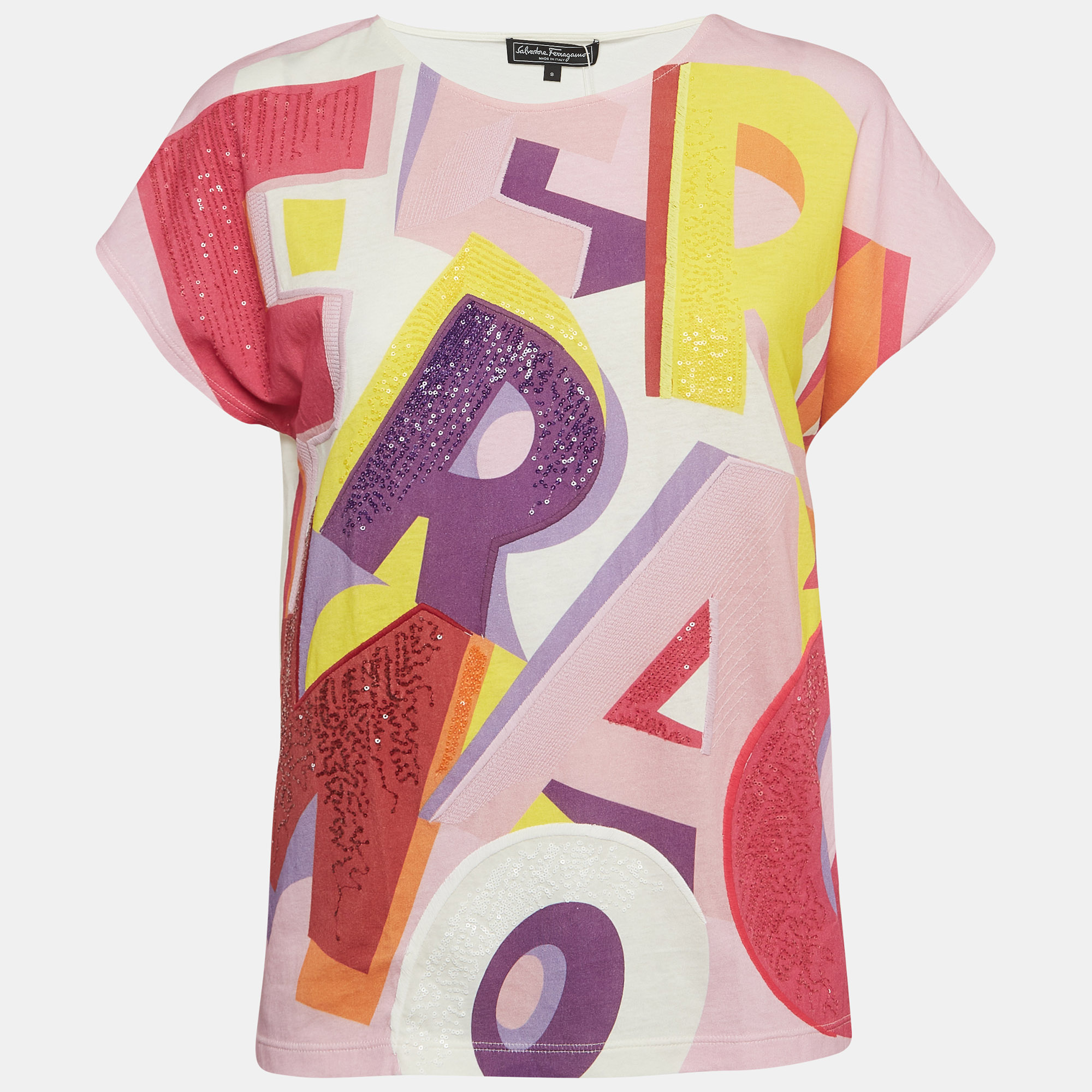 Salvatore ferragamo multicolor printed cotton sequin detail t-shirt s