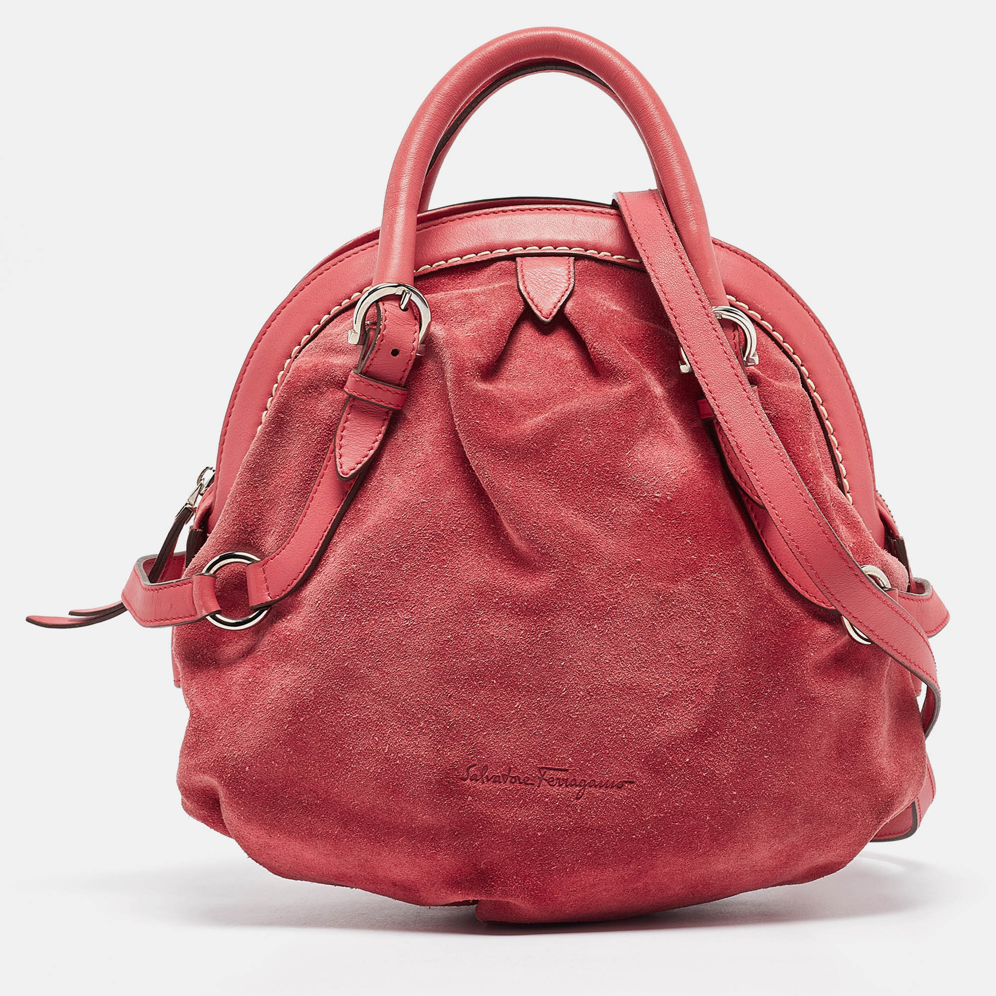 Salvatore ferragamo pink suede and leather buckle satchel