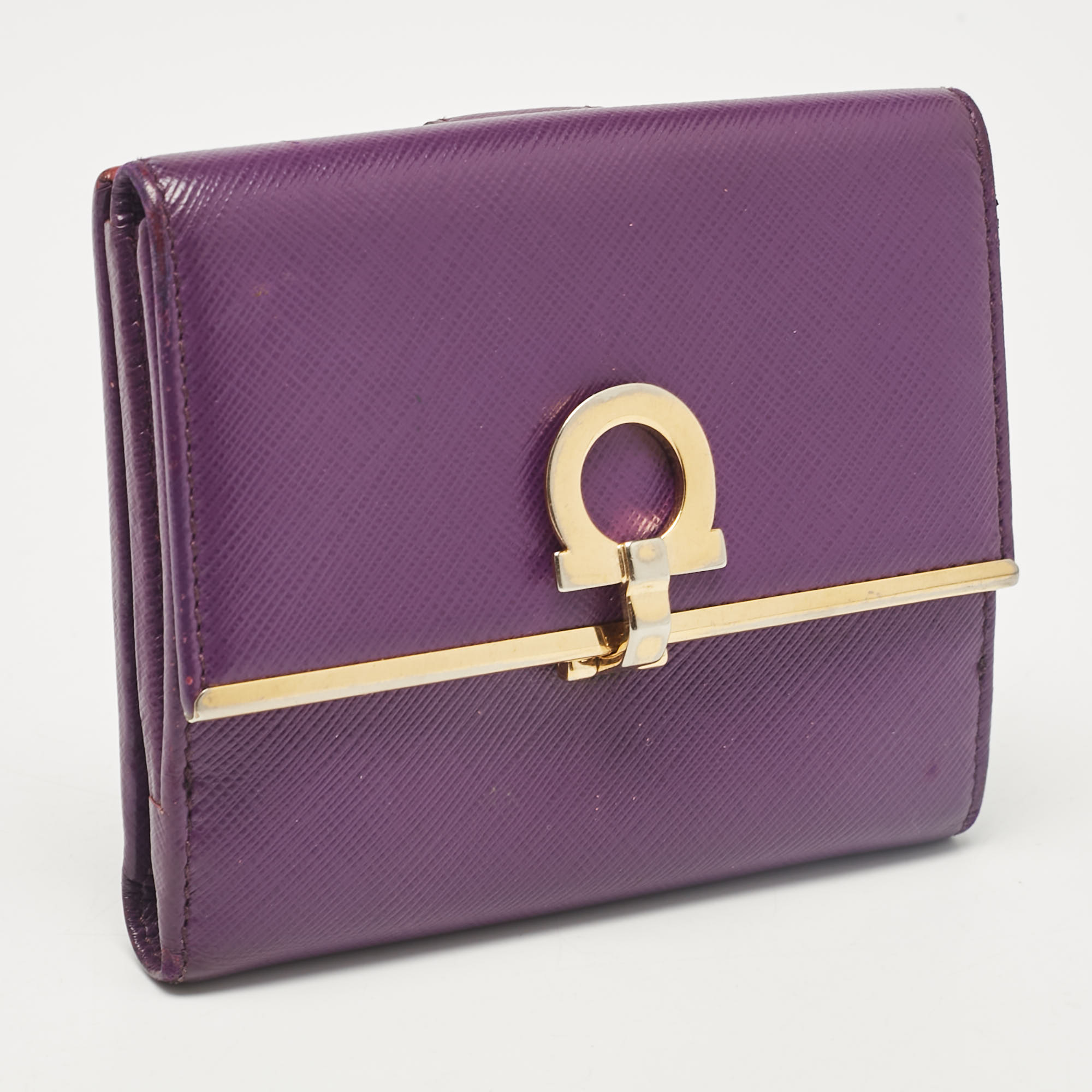 Salvatore Ferragamo Purple Leather Gancio Clasp French Wallet