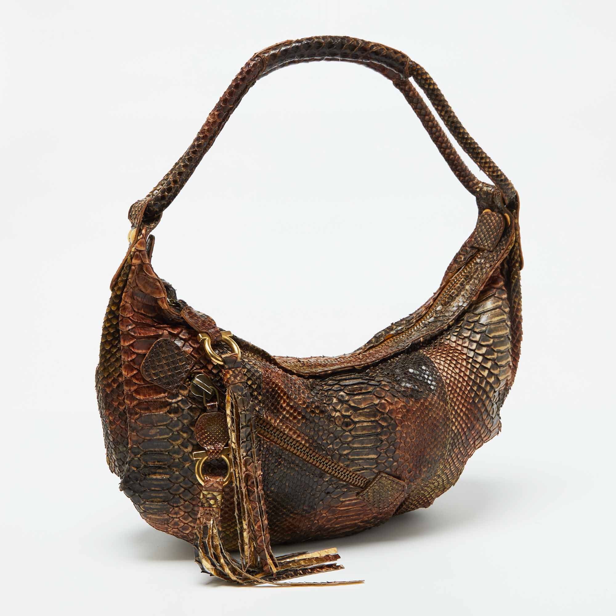 Salvatore Ferragamo Brown Python Leather Hobo