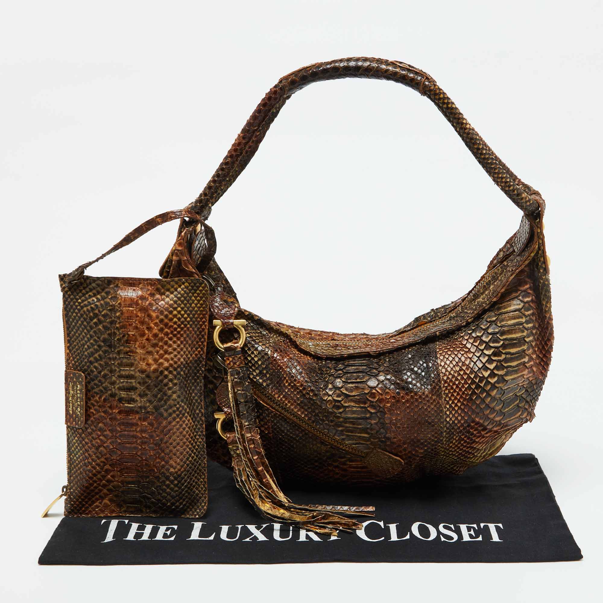 Salvatore Ferragamo Brown Python Leather Hobo