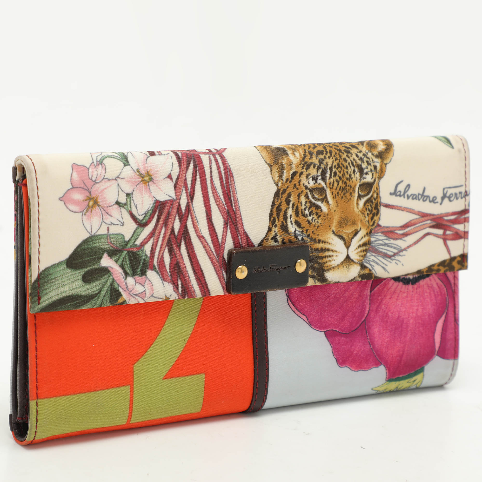 Salvatore Ferragamo Multicolor Jungle Print Fabric Flap Continental Wallet