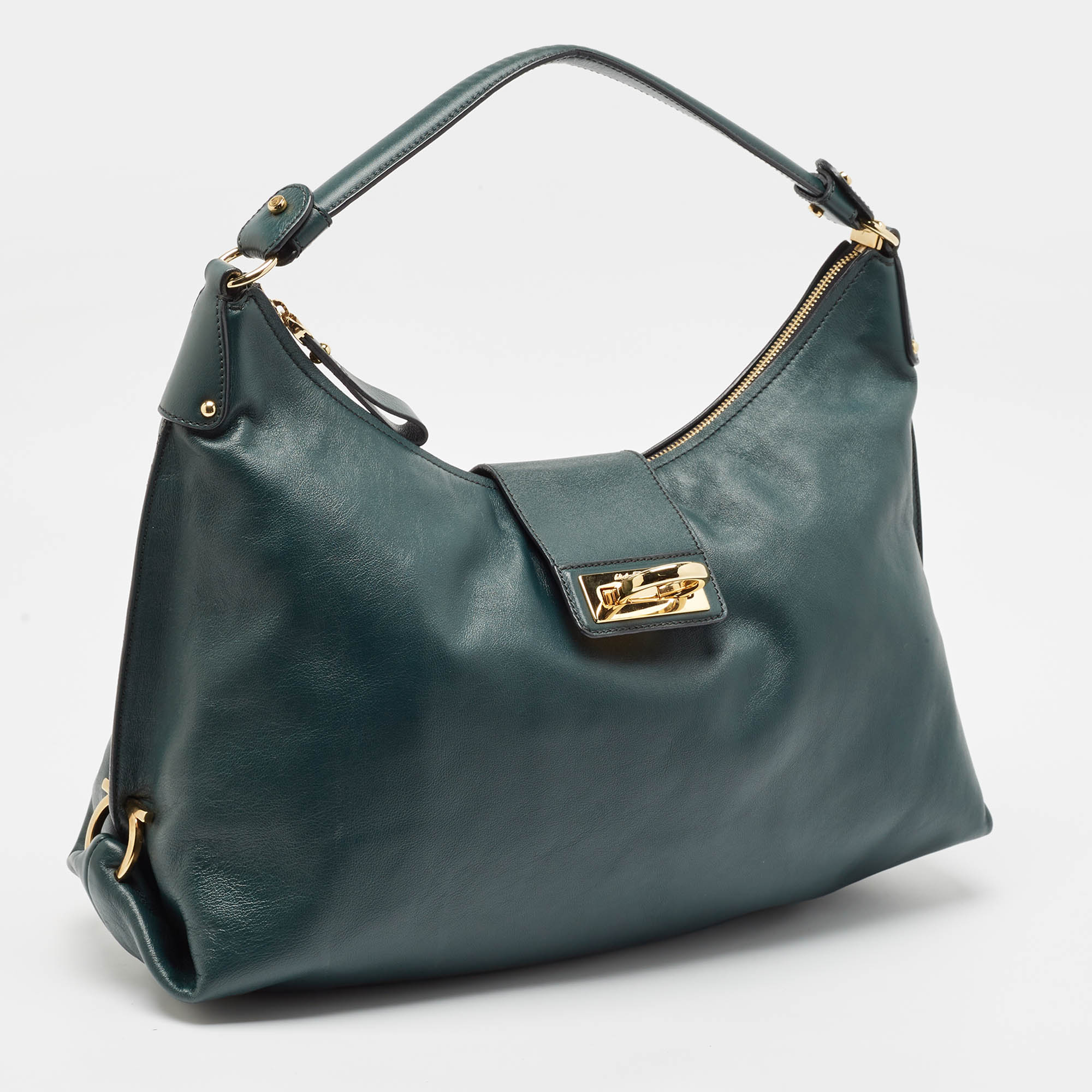 Salvatore Ferragamo Dark Green Leather Fanisa Hobo