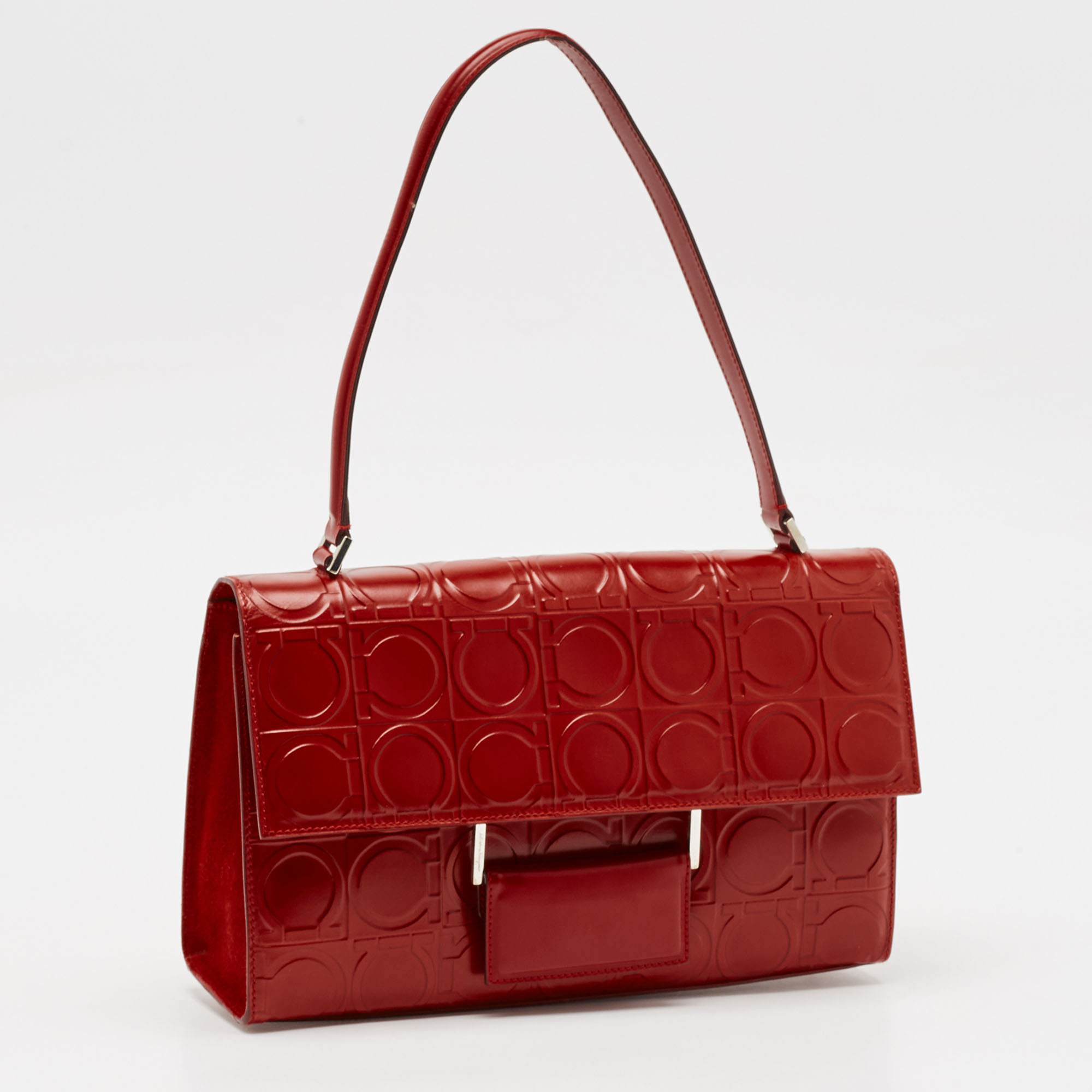 Salvatore Ferragamo Red Gancini Embossed Leather Shoulder Bag