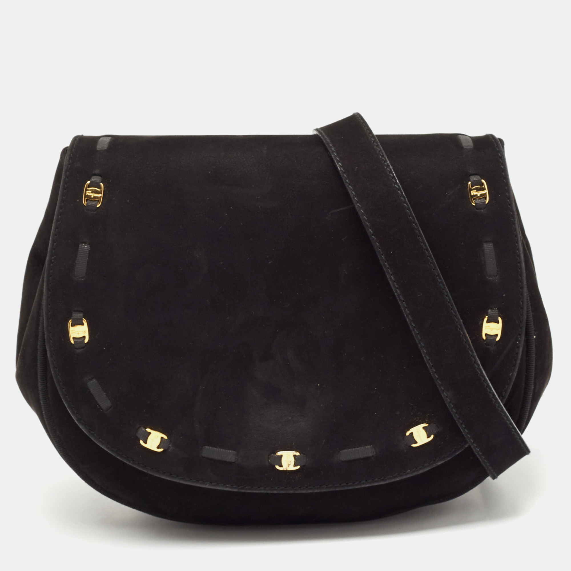 Salvatore Ferragamo Black Suede Logo Flap Crossbody Bag