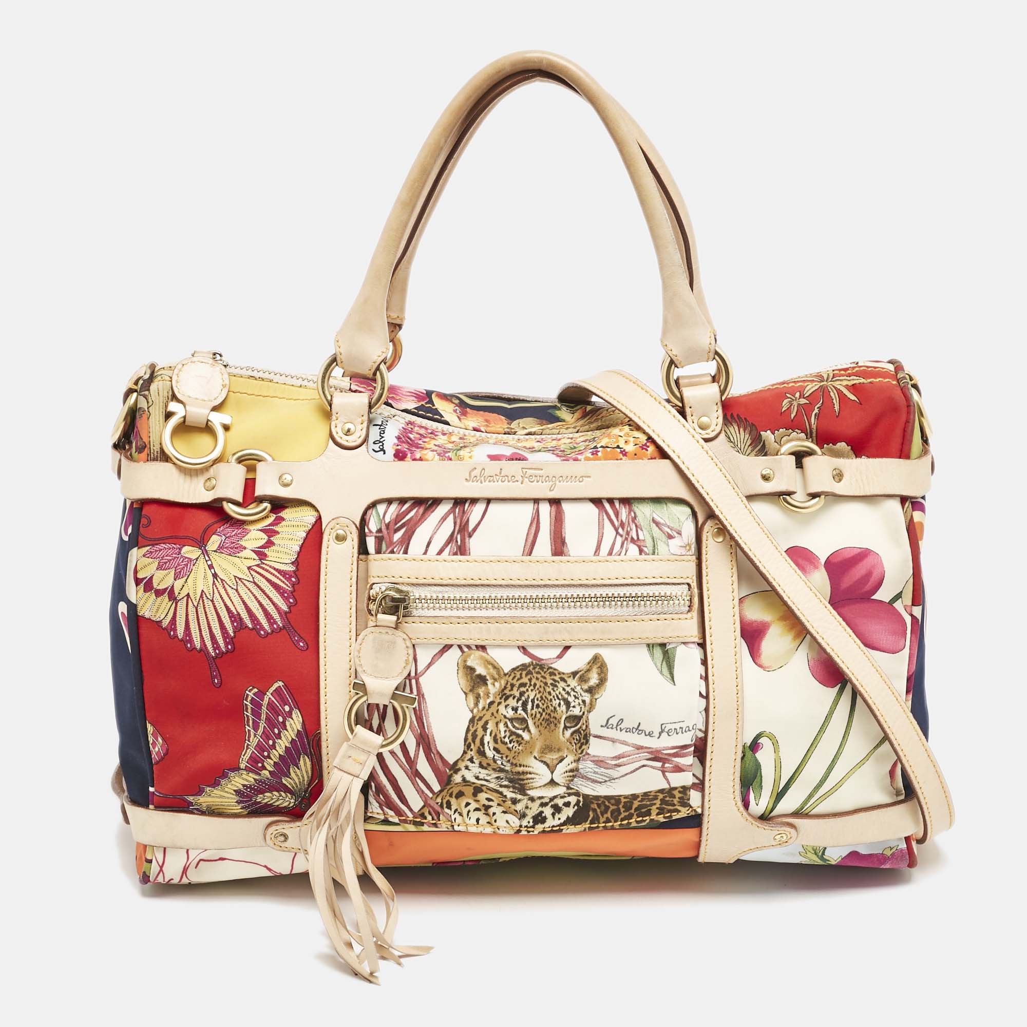 Salvatore Ferragamo Multicolor Printed Satin and Leather Fiera Satchel
Salvatore Ferragamo Multicolor Printed Satin and Leather Fiera Satchel