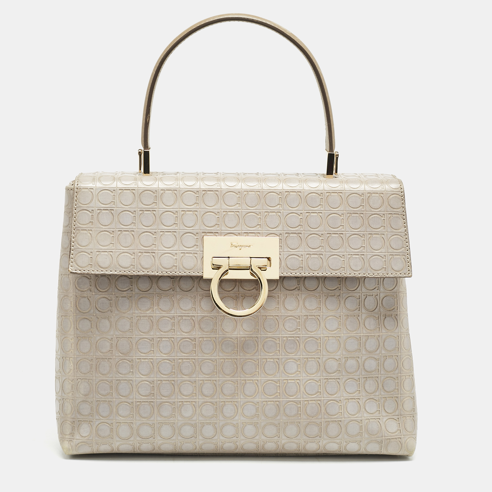 Salvatore Ferragamo Grey Signature Embossed Leather Gancini Top Handle Bag
Salvatore Ferragamo Grey Signature Embossed Leather Gancini Top Handle Bag