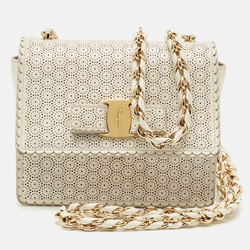 Salvatore Ferragamo White Perforated Leather Mini Vara Ginny Shoulder Bag
